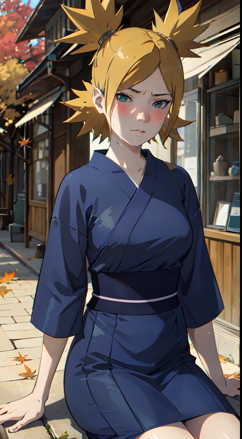 Masterpiece, absurderes , (Intricate details), (Colorful),Cinematic lighting,Bust Up Shot,Extremely detailed Cg Unity 8K wallpaper,Temari\(Boruto\), 1girll, Mature female,blue kimono, Sitting, Outdoors, (Falling leaves:1.3), Autumn leaves, (Autumn), Sunlight, Maple tree, parted lip,Wind, view the viewer, Temari\(Boruto\),(perspire,Sweat a lot,Blushlush,Be red in the face,I had a lot of sweat on my face,Blushlush)
