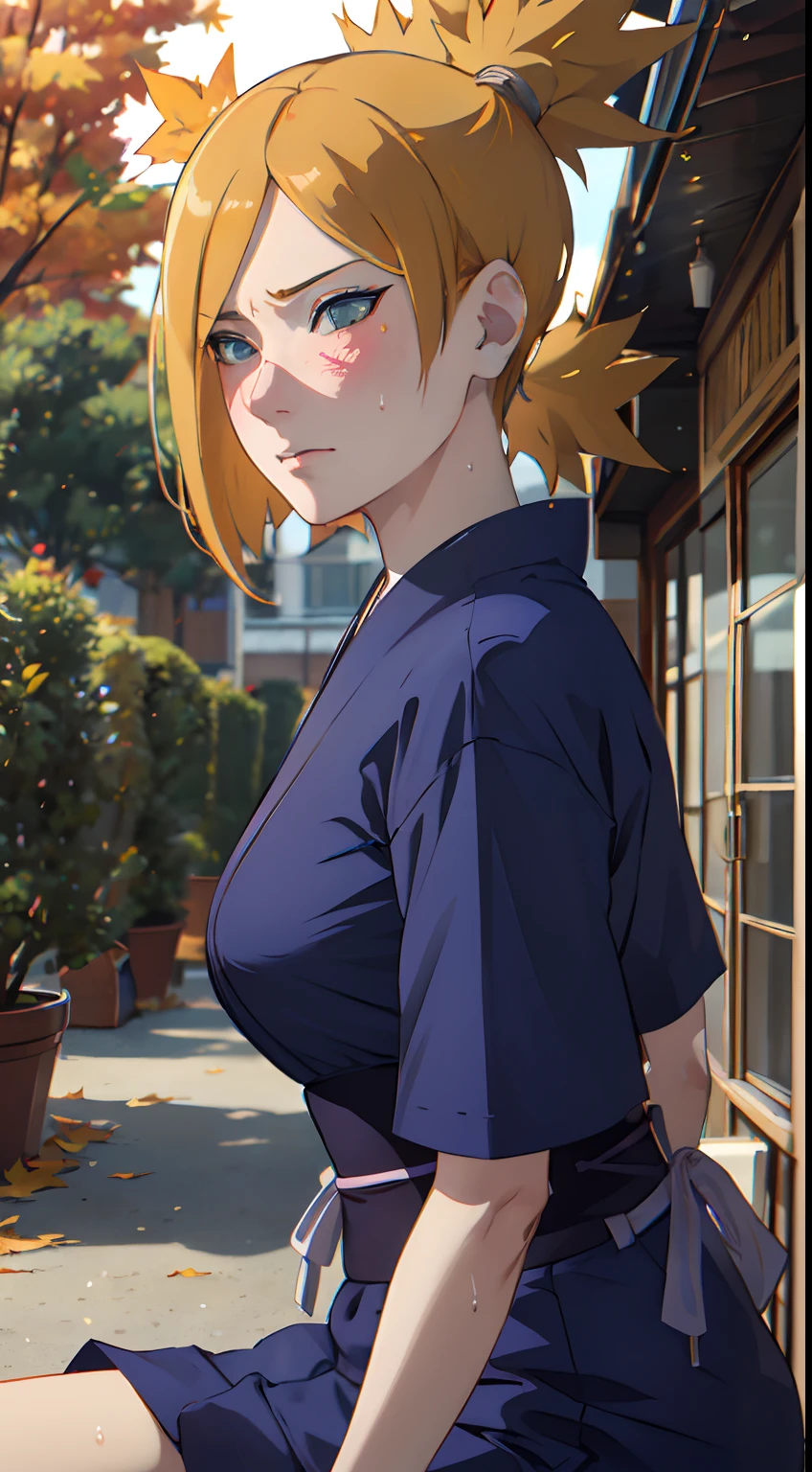 Masterpiece, absurderes , (Intricate details), (Colorful),Cinematic lighting,Bust Up Shot,Extremely detailed Cg Unity 8K wallpaper,Temari\(Boruto\), 1girll, Mature female,blue kimono, Sitting, Outdoors, (Falling leaves:1.3), Autumn leaves, (Autumn), Sunlight, Maple tree, parted lip,Wind, view the viewer, Temari\(Boruto\)，（perspire，Sweat a lot，Blushlush，Be red in the face，I had a lot of sweat on my face，Blushlush）