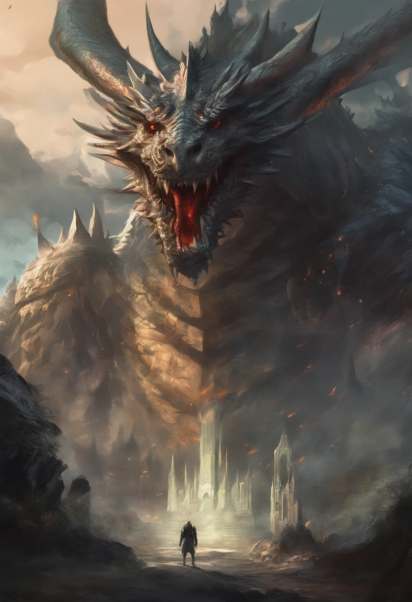 There is a big dragon with a huge head and a huge body, epic fantasy card game art, highly detailed fantasy art, detailed digital 2d fantasy art, epic fantasy artwork, detailed fantasy art, epic fantasty card game art, Dungeons&Dragons Fantasy Art, hyperrealistic d & d fantasy art, symmetrical spectacular fantasy art, cyborg dragon portrait