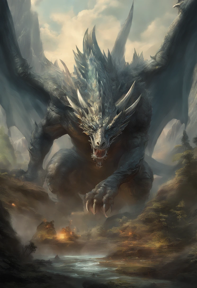 There is a big dragon with a huge head and a huge body, epic fantasy card game art, highly detailed fantasy art, detailed digital 2d fantasy art, epic fantasy artwork, detailed fantasy art, epic fantasty card game art, Dungeons&Dragons Fantasy Art, hyperrealistic d & d fantasy art, symmetrical spectacular fantasy art, cyborg dragon portrait