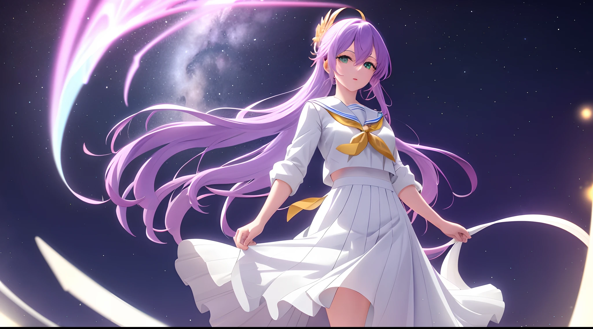 Athena with plain long light purple hair,hair between eyes,green eyes,rosy cheeks,full lips,thin eyebrows,slender body,wearing sailor uniform and full long skirt,cute anime girl,full body,desert night sky nebulae in background,anime style,Lumen Reflections,Screen Space Reflections,Diffraction Grading,Chromatic Aberration,GB Displacement,Scan Lines,Ray Traced,Anti-Aliasing,FXAA,TXAA,RTX,SSAO,Shaders,OpenGL-Shaders, GLSL-Shaders,Post Processing,Post-Production,cell Shading,Tone Mapping,CGI,VFX,SFX,insanely detailed and intricate, 4K,standing, solo, masterpiece, best quality, detailed face, detailed eyes, highres, standing, solo,masterpiece, best quality