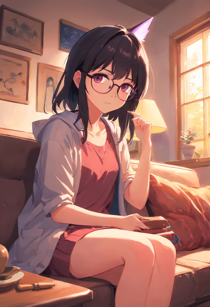Girl vs、soio、The Witch、kawaii、Moody、Predisposition to depression、faint blush、Force yourself to laugh、wears glasses、honor student、looks smart、Know、Black hair、Pink eyes、coward、Hut、sitting in the couch