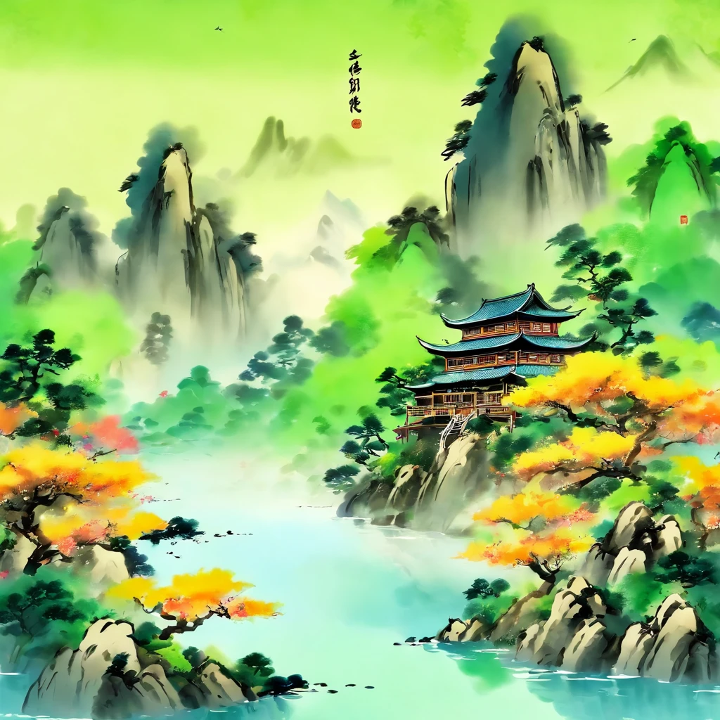 Lake water and sky become one,Tradition Chinese Ink Painting,wide high angle view,Beautiful poster,qi baishi style,Mainly light blue and green
