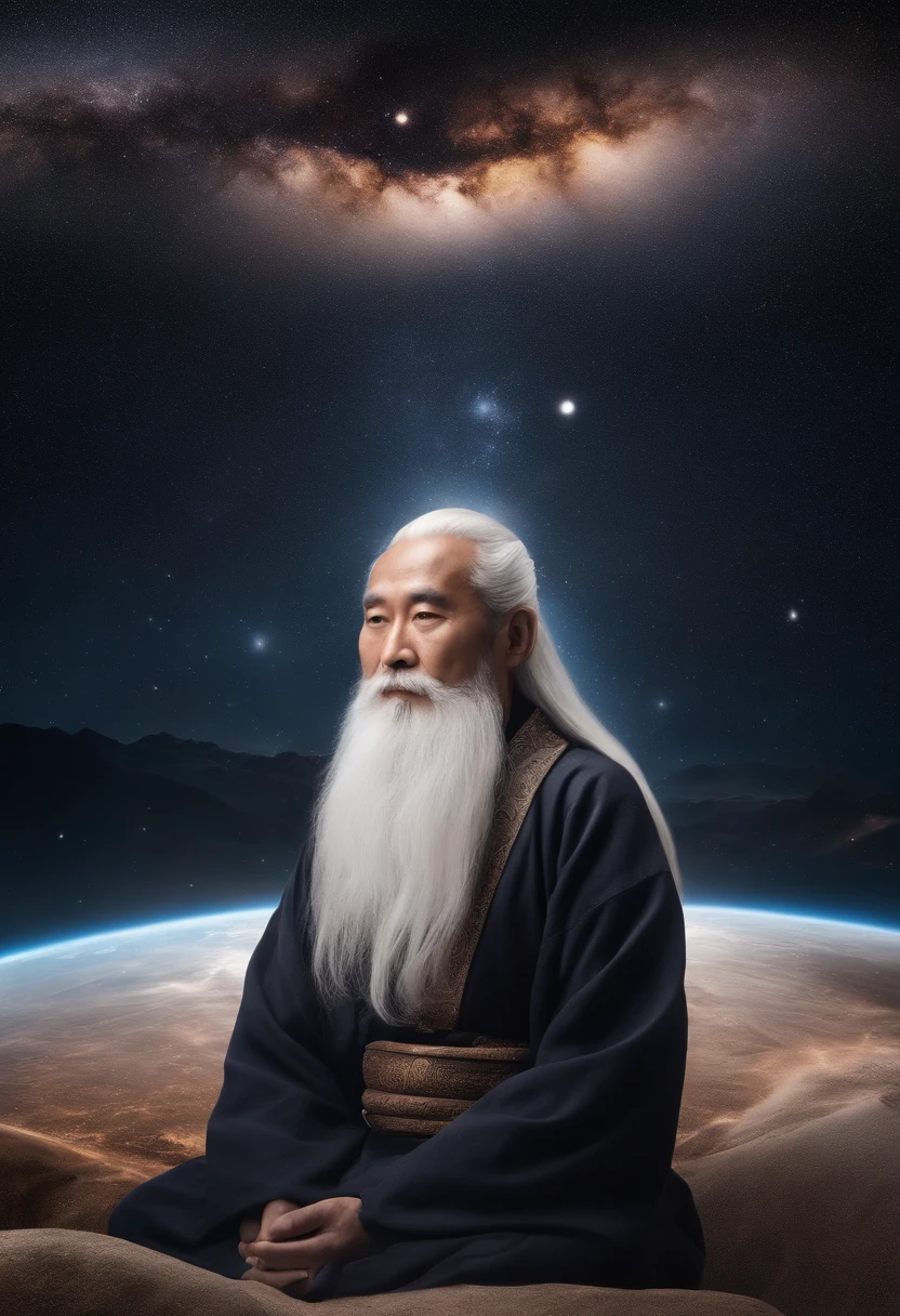 30-year-old Asian middle-aged Taoist elder sitting in the galaxy close-up,long  white hair，A meditative，Has a white beard，Meditation cross-legged，Daoism, Wear a white robe，white sash，at centre，Face the lens，Space starry sky background，milky ways，Taoist master,Taoist，universe background，Very bright colors, Light particles, with light glowing, Mshiv, wallpaper art, UHD wallpaper