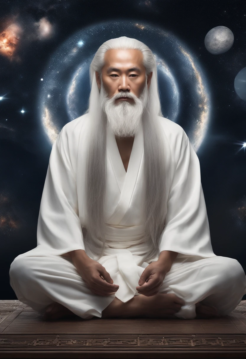 30-year-old Asian middle-aged Taoist elder sitting in the galaxy close-up,long white hair,A meditative,Has a white beard,Meditation cross-legged,Daoism, Wear a white robe,white sash,at centre,Face the lens,Space starry sky background,milky ways,Taoist master,Taoist,universe background,Very bright colors, Light particles, with light glowing, Mshiv, wallpaper art, UHD wallpaper