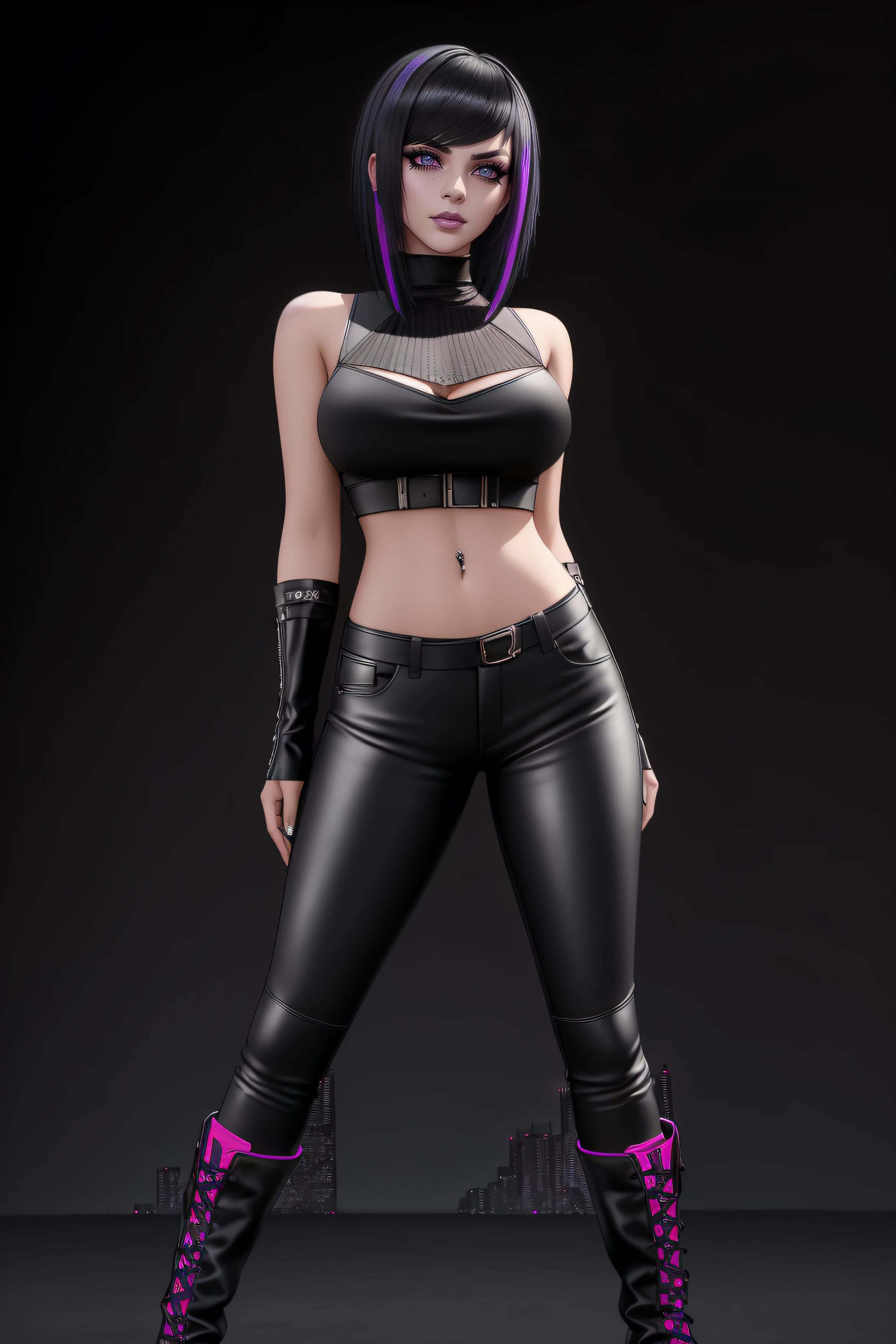 beautiful girl, ((standing:1.4)), (confident gaze:1.1), full body, short bright neon streaked black hair, ((realistic highly detailed eyes:1.4)), ((seductive pose:1.2)), black eyeshadow, (street style wear:1.2), ((tight fitted pants)), ((knee high leather boots)), (dark city night black background:1.4), dark makeup, digital art, trending on artstation, highly detailed, fine detail, intricate, detailed facial features, sharp focus, smooth, aesthetic,