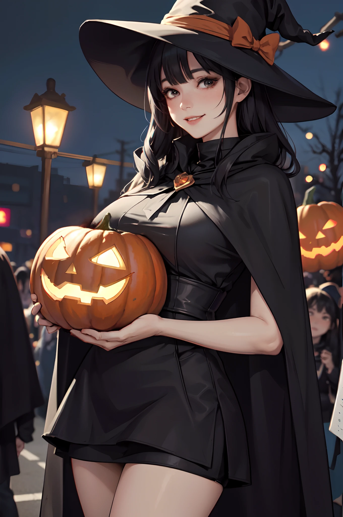 1lady standing, /(witch costume hat/) /(black capelet/), holding broom, /(black hair/) bangs, blush kind smile, (masterpiece best quality:1.3) delicate illustration ultra-detailed , large breasts BREAK /(streets of Shibuya/) outdoors, jack-o'-lantern Halloween parade, crowded audience, night