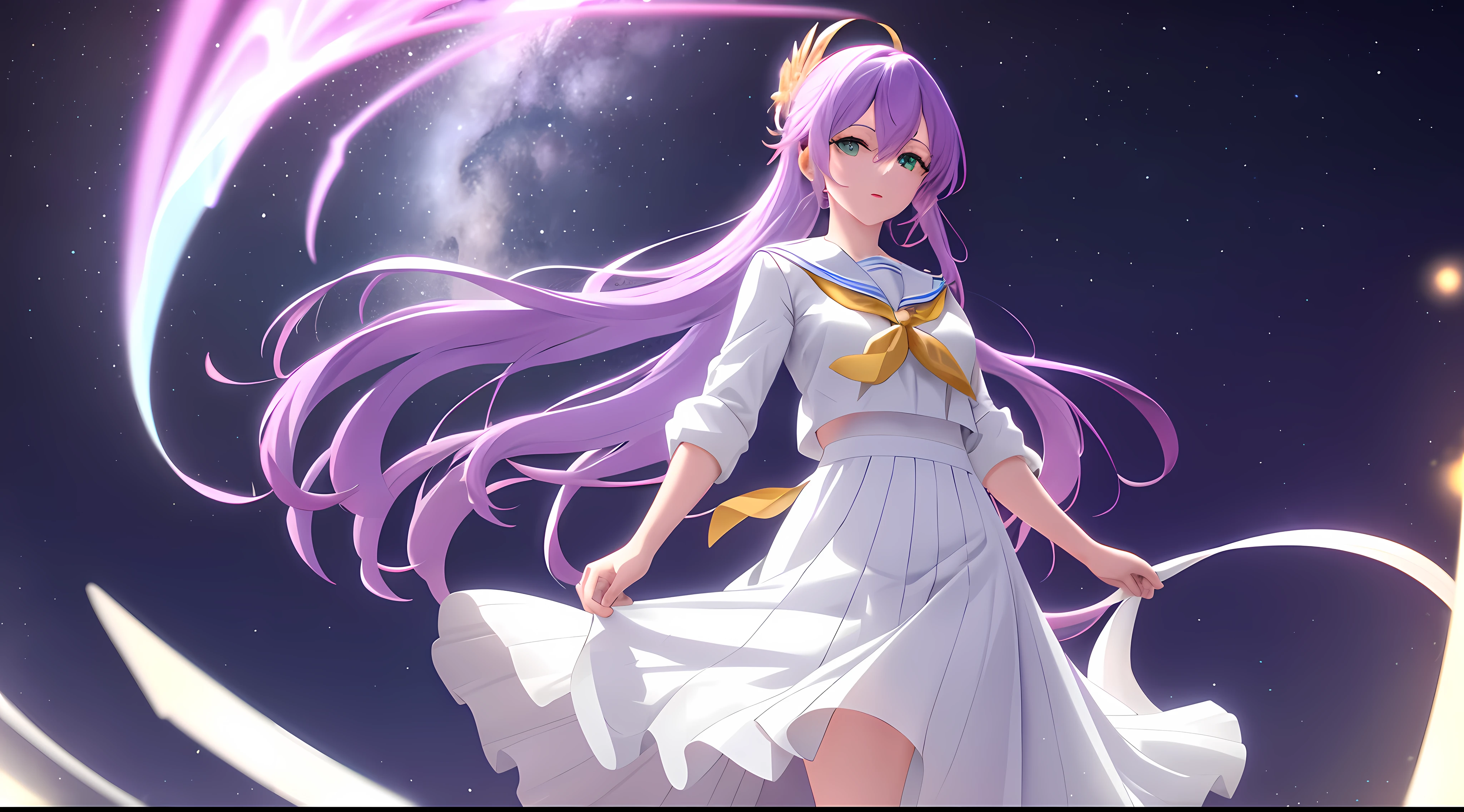 Athena with plain long light purple hair,hair between eyes,green eyes,rosy cheeks,full lips,thin eyebrows,slender body,wearing sailor uniform and full long skirt,cute anime girl,full body,desert night sky nebulae in background,anime style,Lumen Reflections,Screen Space Reflections,Diffraction Grading,Chromatic Aberration,GB Displacement,Scan Lines,Ray Traced,Anti-Aliasing,FXAA,TXAA,RTX,SSAO,Shaders,OpenGL-Shaders, GLSL-Shaders,Post Processing,Post-Production,cell Shading,Tone Mapping,CGI,VFX,SFX,insanely detailed and intricate, 4K,standing, solo, masterpiece, best quality, detailed face, detailed eyes, highres, standing, solo,masterpiece, best quality