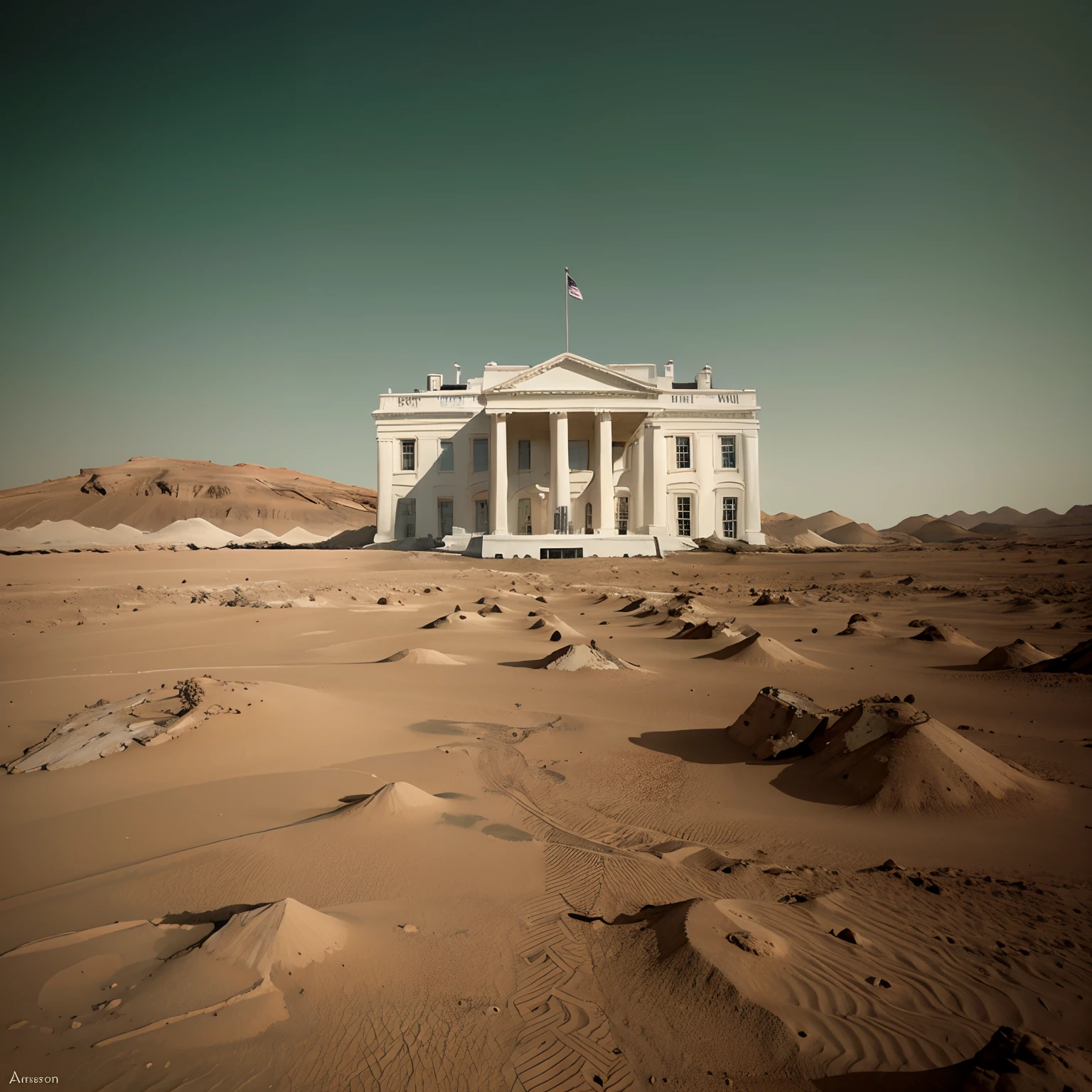 Eroded white house on mars lansacpe with a single green shoot growing in the foreground