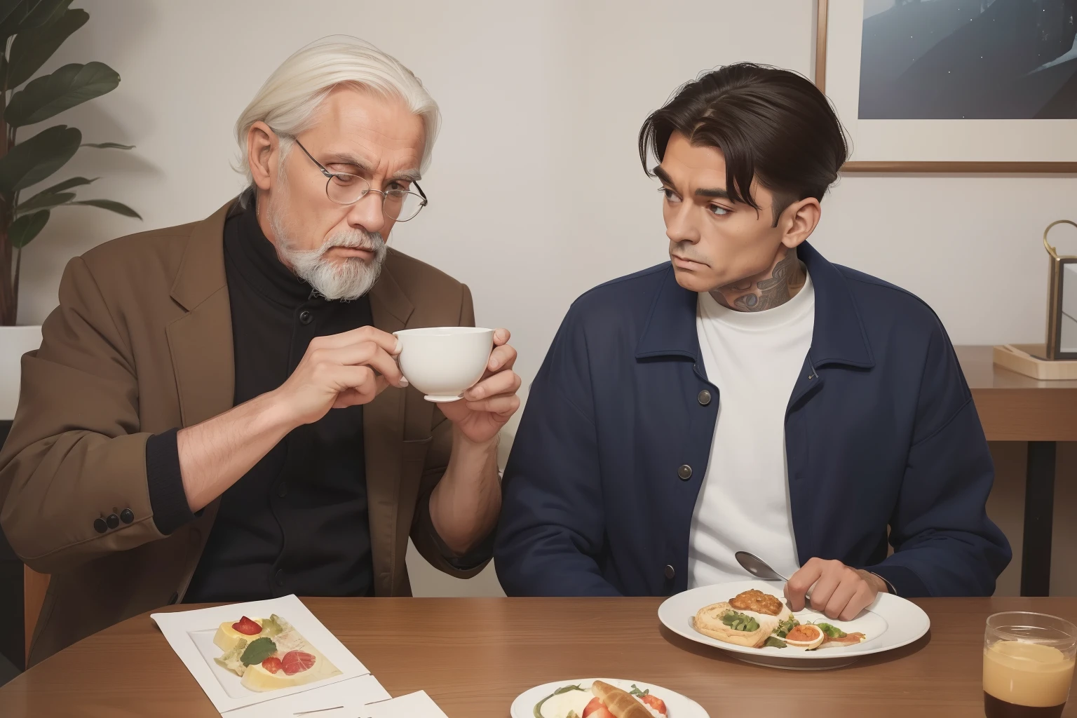 year: 2023. Location: Sweden. Pre-Raphaelite scene with a 59-year-old man, thin, ((clean classic look)), ((grumpy)) ((strict)), eating breakfast at home, with a (((young 20-year-old gay thug man))), ((((winter Clothing from the 2020s)))) ((Hairstyle of the 2020s)), ((("OMITB" cinematography)))