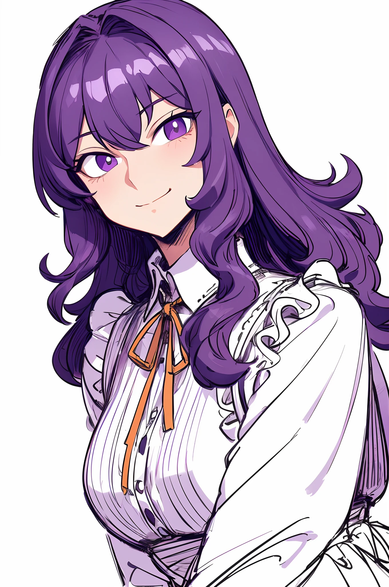 ultra detailed, masterpiece, best quality, solo, cowboy shot, facing viewer,sketch style ,A girl,23 years of age, wearing a maid dress,light smile, stunning long frizzy hair, purple eyes, extremely beautiful