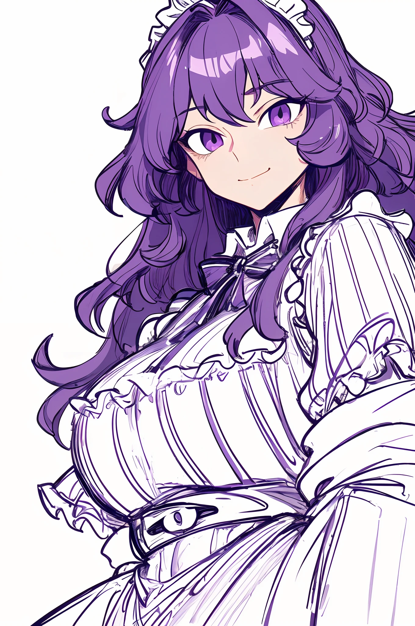 ultra detailed, masterpiece, best quality, solo, cowboy shot, facing viewer,sketch style ,A girl,23 years of age, wearing a maid dress,light smile, stunning long frizzy hair, purple eyes, extremely beautiful