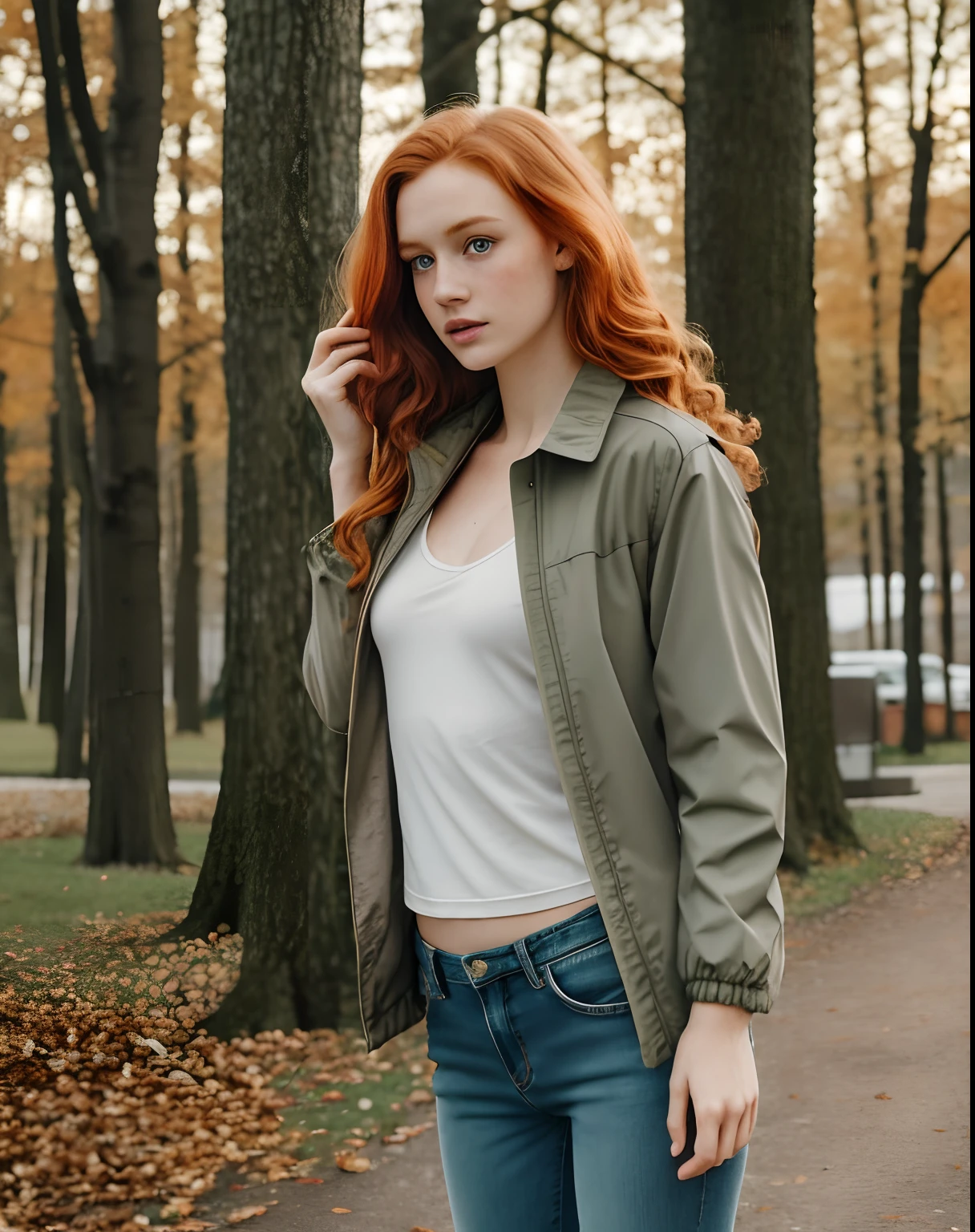 1girl in, age19, Solo, Aesthetic artwork, irish redhead, wavy ginger hair, shoulder length ginger hair, gray eyes, light grey eyes, some small freckles, pale skin, A-cup, small breasts, runners body, (textured skin, skin pores:1.1), (moles:0.8), imperfect skin, goosebumps, outside in city park, stone path, no leaves on trees, late fall weather, (extremely detailed 8k wallpaper), soft lighting, high quality, film grain, Fujifilm XT3 sharp focus, f 5.6, 50mm, High Detail, Sharp focus,(natural light), green khaki jacket, wearing a jacket, wearing blue jeans, crazy details, complex details, hyperdetailed