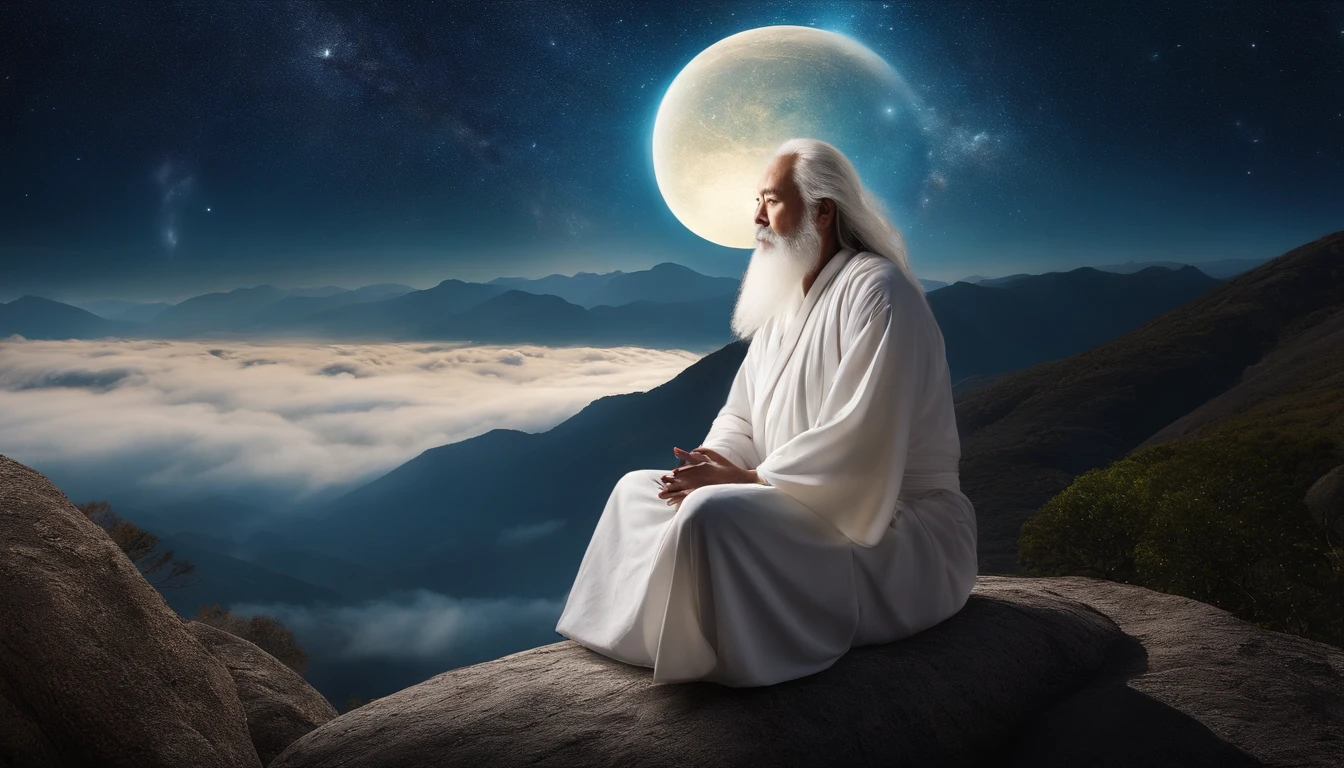 30 years old Asian middle-aged Taoist elder sitting in the galaxy close-up,long  white hair，A meditative，Long white beard，Meditation cross-legged，Daoism, Wear a white robe，white sash，at centre，Face the lens，Vast blue starry sky background，milky ways，Taoist master,Taoist，universe background，Very bright colors, Light particles, with light glowing, Mshiv, wallpaper art, UHD wallpaper