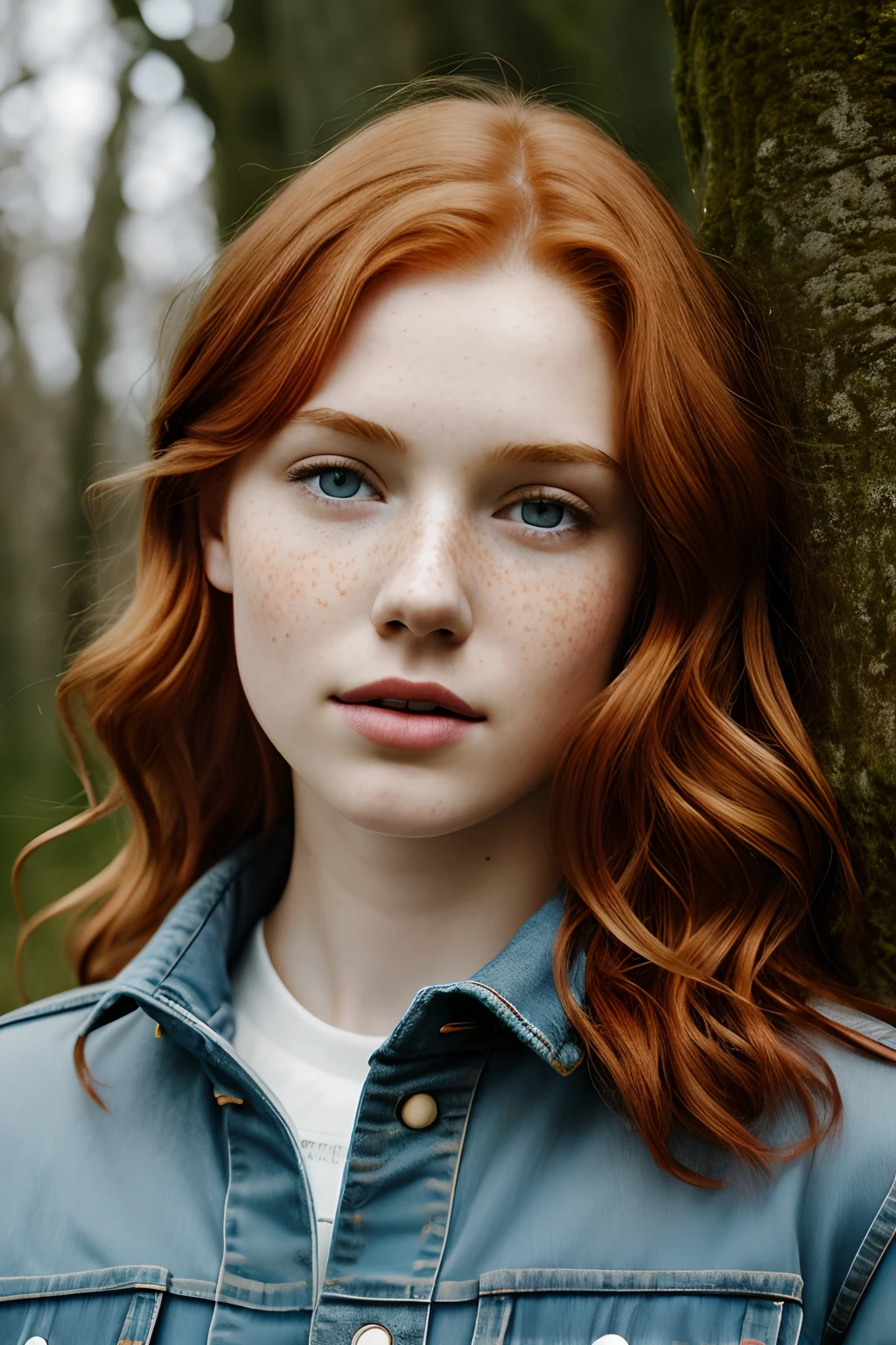 1girl in, 19, Solo, Aesthetic artwork, irish redhead, wavy ginger hair, shoulder length ginger hair, gray eyes, light grey eyes, some small freckles, pale skin, d-cup, midium breasts, runners body, (textured skin, skin pores:1.1), (moles:0.8), imperfect skin, goosebumps, outside in deep woods, late fall weather, (extremely detailed 8k wallpaper), soft lighting, high quality, film grain, Fujifilm XT3 sharp focus, f 5.6, 50mm, High Detail, Sharp focus,(natural light), (blue sweater: 1.3), blue jeans, crazy details, complex details, hyper detailed,shy smile,walking around