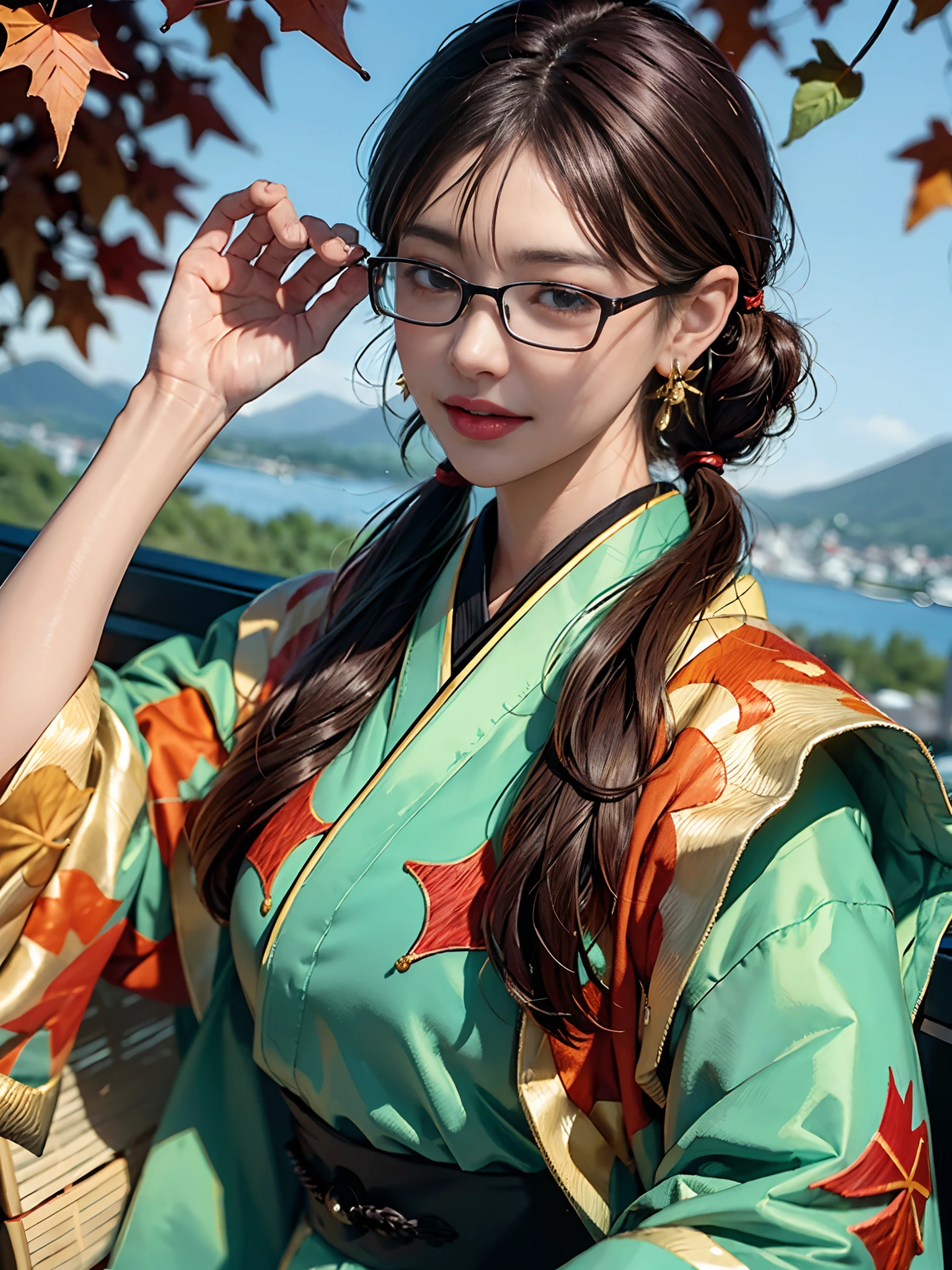 (rokoko:1.5)Background of details(the morning sun(mountainscape))(Kyoto in Japan(Colored leaves:1.5)),BREAK ,elaborate costume(Luxury kimono(Colorful kimono(detailed embroidery()))),BREAK,(1 Beautiful and classy adult woman(Japanese actressl:1.2)(glossy dark hair(poneyTail:1.2))),(eye glass:1.2),(Arms outstretched),BREAK,Wallpapers 16K,Blur the background,(masutepiece:1.5),(Best Quality:1.5),(Portrait photos:1.5),From above