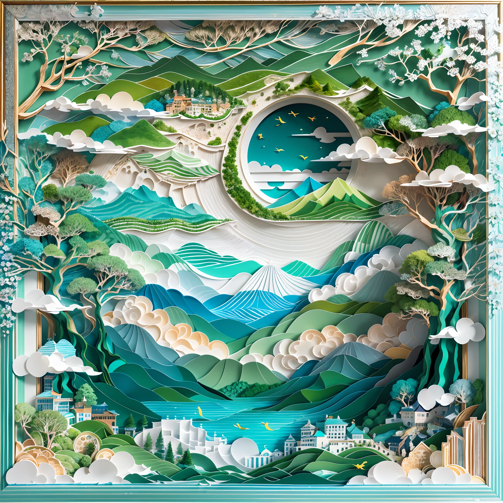 a beautiful painting，made of paper。picture frames。（with blue sky and white clouds，Green Mountains and Green Water，terraced），（（arte em papel cortado，layered paper art，Flat paper cutout，Stacked，Hollow-out on，3Drenderingof）），Front view，frontage