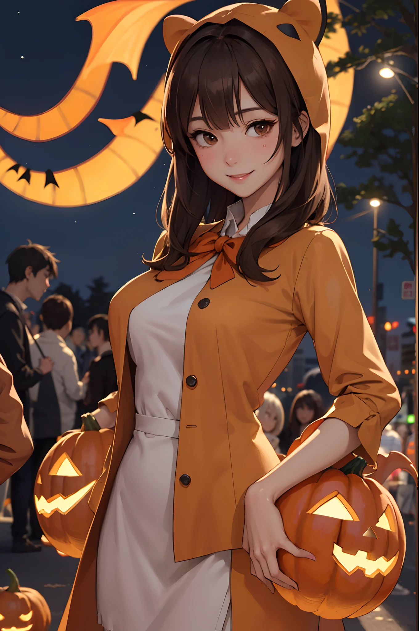 1lady standing, /(dinosaur costume/), /(brown hair/) bangs, blush kind smile, (masterpiece best quality:1.3) delicate illustration ultra-detailed , large breasts BREAK /(streets of Shibuya/) outdoors, jack-o'-lantern Halloween parade, crowded audience, night