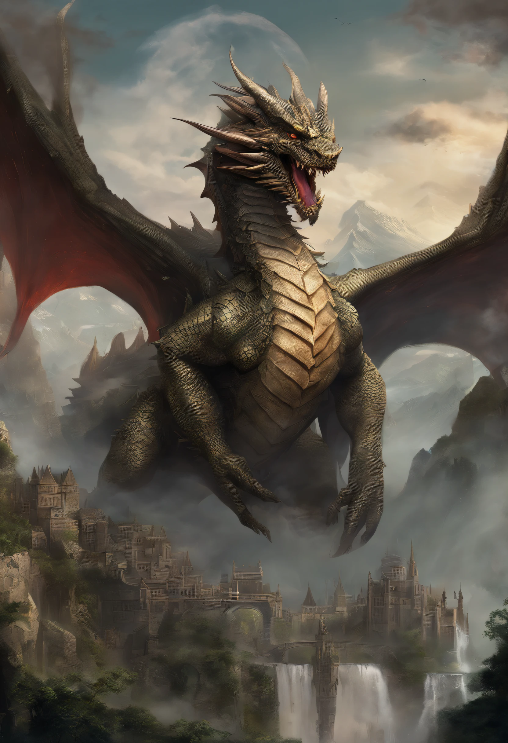 There is a big dragon with a huge head and a huge body, epic fantasy card game art, highly detailed fantasy art, detailed digital 2d fantasy art, epic fantasy artwork, detailed fantasy art, epic fantasty card game art, Dungeons&Dragons Fantasy Art, hyperrealistic d & d fantasy art, symmetrical spectacular fantasy art, cyborg dragon portrait