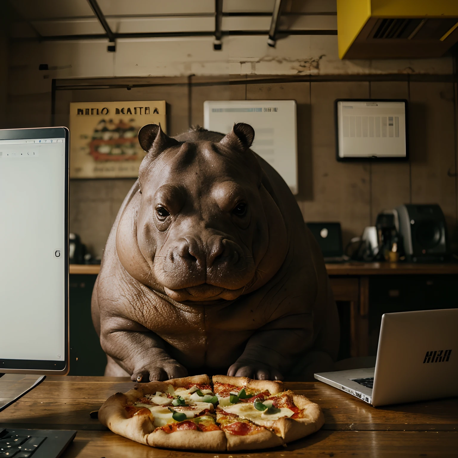 Small cute hippo sitting on a table computer laptop, autumn wallpaper on a monitor, mashroom pizza on a table, kodak porta, cinematic photo