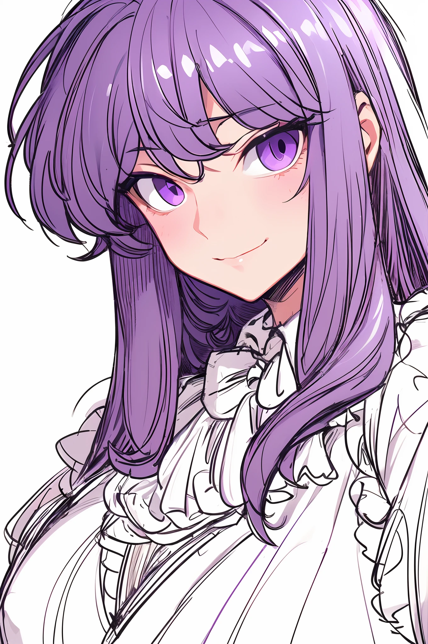 ultra detailed, masterpiece, best quality, solo, cowboy shot, facing viewer,sketch style ,A girl,23 years of age, wearing a maid dress,light smile, stunning long frizzy hair, purple eyes, extremely beautiful