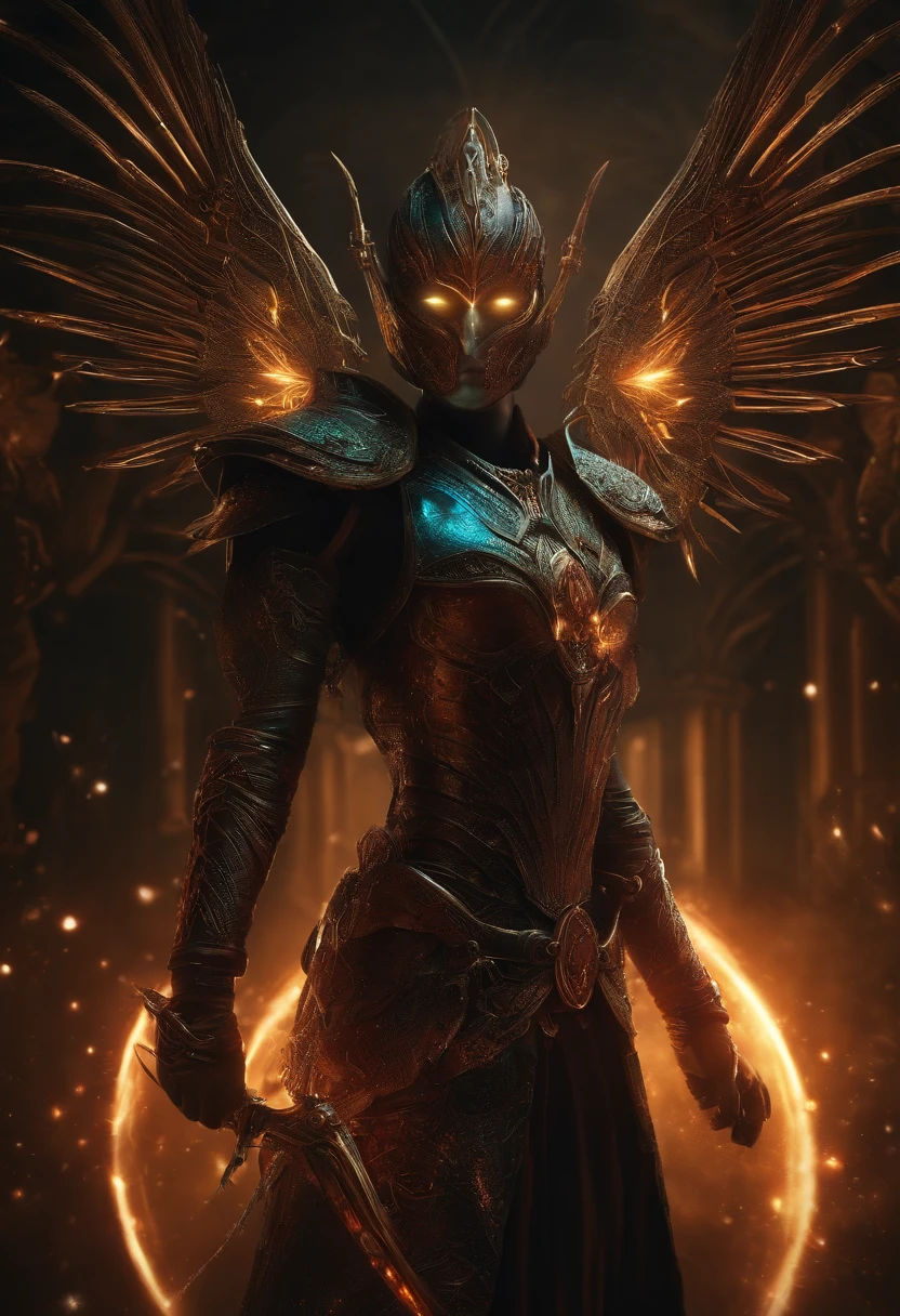 A warrior,glowing light eyes, biomechanical, eery, creepy, nightmarish, Very bright colors, light Particle, , Musif, Wallpaper Art, UHD Wallpapers