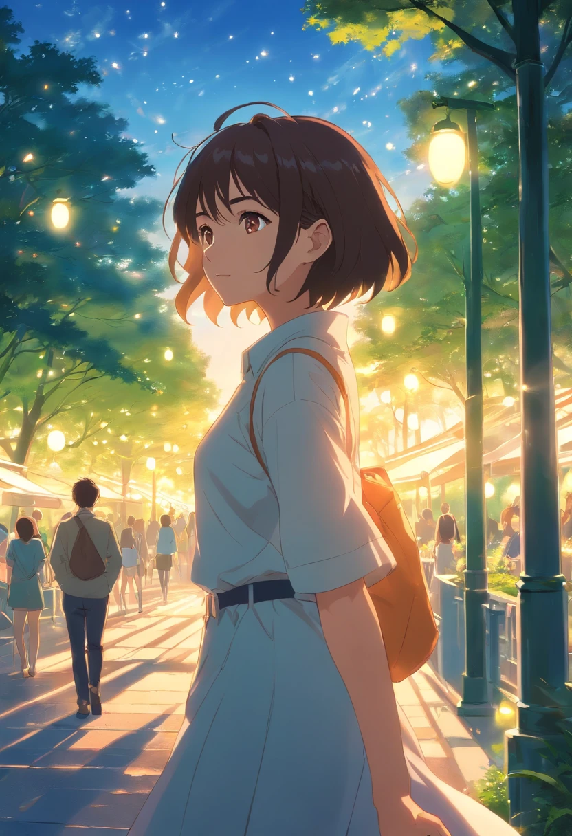 beautiful woman in park, sunny day, beaufiful lights, glowing eyes