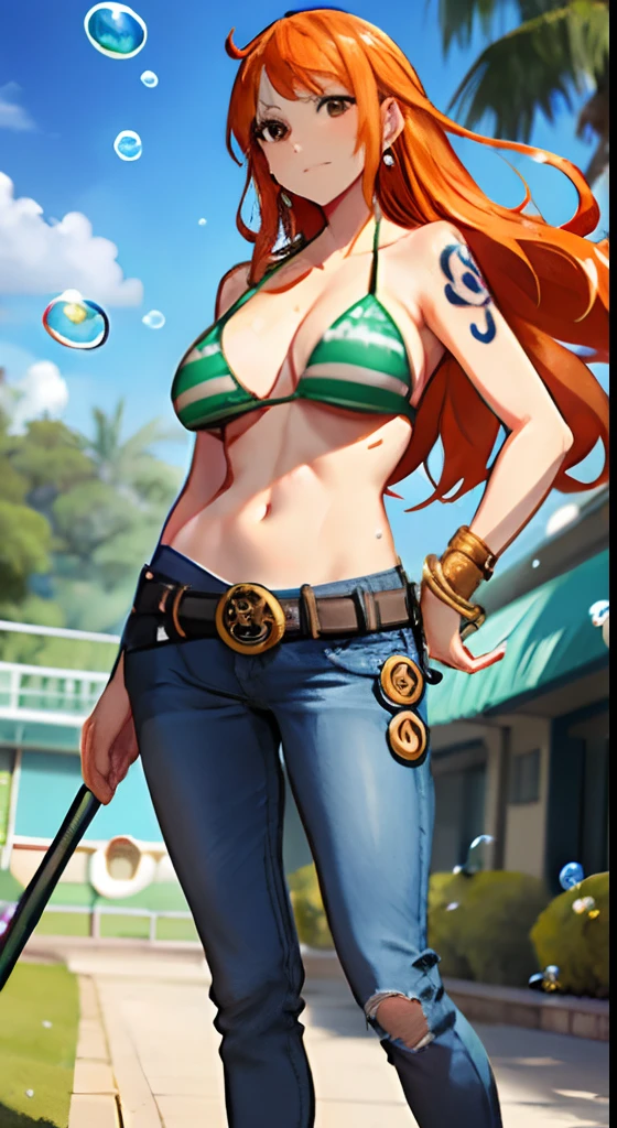 nami \(one piece\), 1girl, bangle, bangs, bare shoulders, belt, bikini, bikini top only, bracelet, breasts, brown eyes, bubble, cleavage, denim, earrings, floating hair, green belt, green bikini, groin, jeans, jewelry, large breasts, long hair, looking at own body, navel, orange hair, pants, shoulder tattoo, sidelocks, sky, smile, solo, stomach, swimsuit, tattoo, angry, crossed arms, (sweaty:1,2), shy, flusttered, , ((masterpiece)), dynamic pose