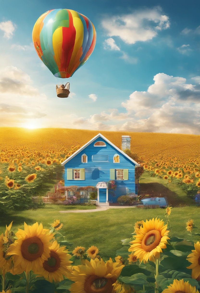 (ultra high res,photorealistic,best quality,photo-realistic),(8k,raw photo,best quality,masterplece), balloon house, blue sky, golden sunshine, green lawn, sunflowers, wind