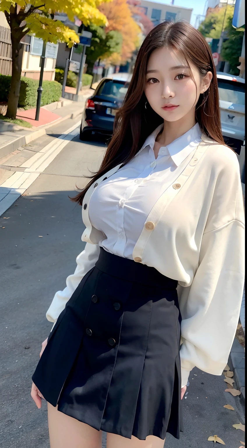 mix4, (16 K, Raw photography, Top image quality, masterpiece: 1.45), (realisitic, Photorealsitic: 1.37), one girls, Random hairstyle、Standing figure,Glossy bean peel、Morning time slot、a very cute,a park,Trees with autumn leaves, profetional lighting, photon maping、physically-based renderingt, Gradient dark brown hair,, a handsome, Well-groomed and beautiful eyes、Large double eyelids、Very shiny、girl with, (((校服、Winter clothes、Uniforms worn by Japan female students、White shirt、A white cardigan that doesn't stop buttons、Dark blue color、Black mini skirt、high socks、lowfers))), Top Quality Photos, hight resolution, 1080p, (clearface), (Detailed face description), (Detailed hand description), (masterpiece), (Exquisite CG)、extreme light and shadows、dishevled hair、master work、abundant detail、(Fine facial features)、(top quality photo)、(masuter piece)、(A detailed eye)、Looking at the camera、Fine clavicle、((Slender big))、(((Japan girl in uniform)))、((Ready Idol System))、((a park))、(((neat and cute)))、耳Nipple Ring、A big smile、Drawing the whole body from the knees、Do not draw nasolabial folds、(((Cute uniform)))、(Big breasts that hang down big:1.4)、Big buttocks with tension、Two arms and two legs、(((from the front side:0.4)))、bare hand、No mask、Ginkgo in autumn leaves