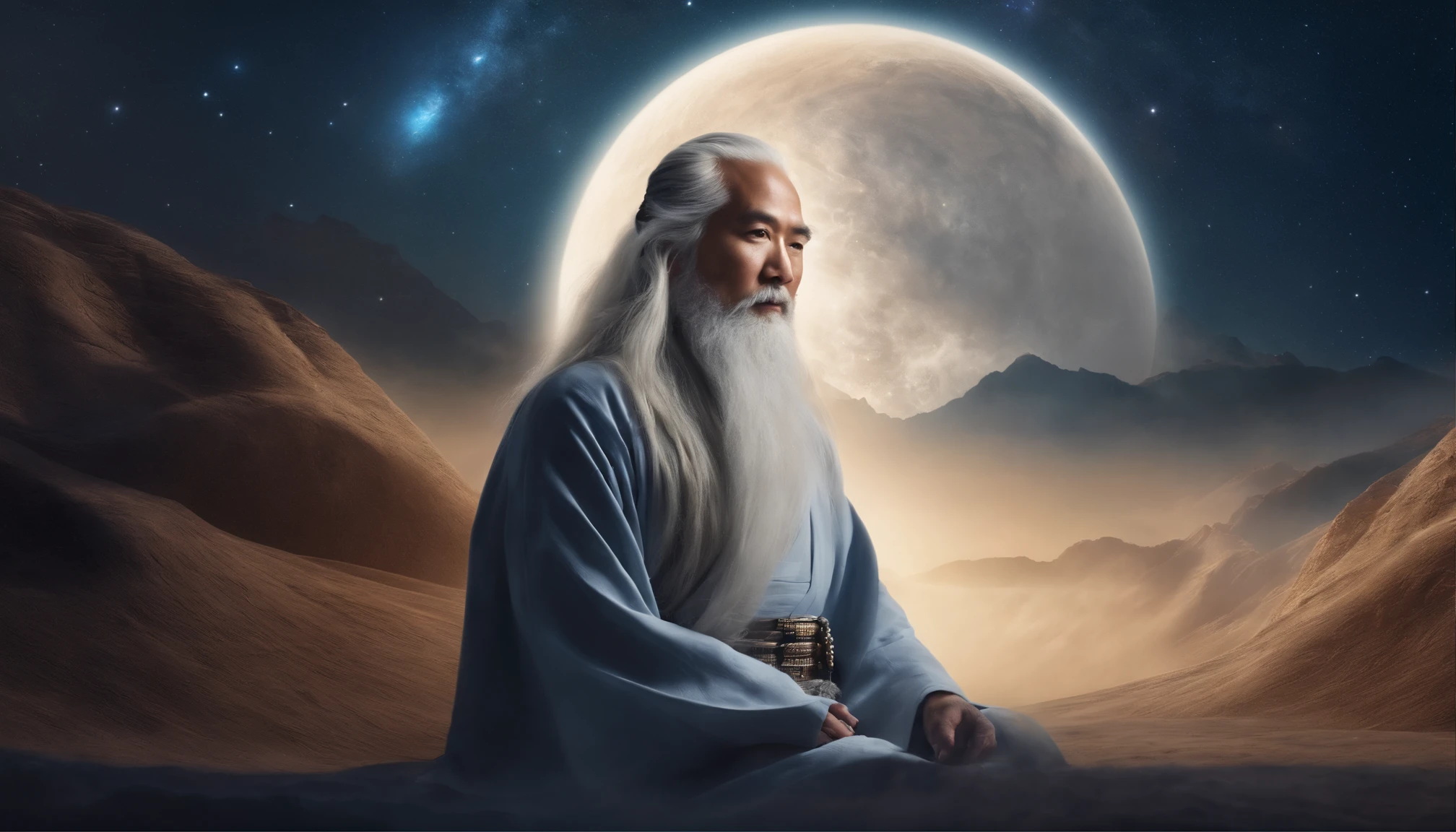 30 years old Asian middle-aged Taoist elder sitting in the galaxy close-up,long  white hair，A meditative，Long white beard，Meditation cross-legged，Daoism, Wear a white robe，white sash，at centre，Face the lens，Vast blue starry sky background，milky ways，Taoist master,Taoist，universe background，Very bright colors, Light particles, with light glowing, Mshiv, wallpaper art, UHD wallpaper