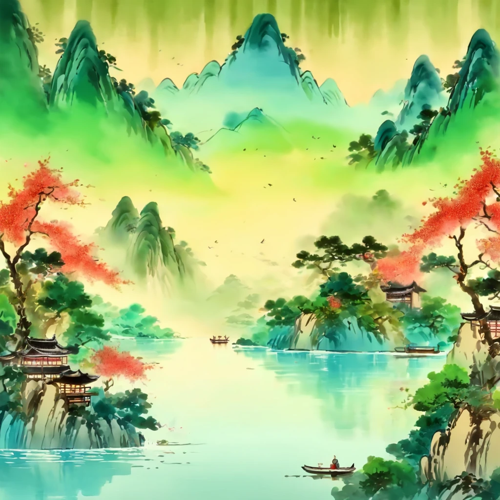 Lake water and sky become one，The lake is very vast，Tradition Chinese Ink Painting，wide high angle view，Beautiful poster，qi baishi style，Mainly light blue and green