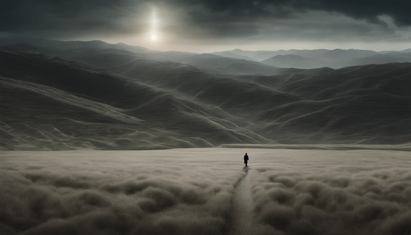 a white path in the middle of a multicolored field, ((((giant sun)))),Rolling green grass, ((Tai chi)),,an ultrafine detailed painting by Daren Bader, shutterstock contest winner, neo-romanticism, soft mist, made of mist, deviantart,Fujifilm XT3,by Steve McCurry, by Alessio Albi, by Lee Jeffries, by Herb Ritts, by Jeremy Man，long shot, clean, wide view, commercial photography