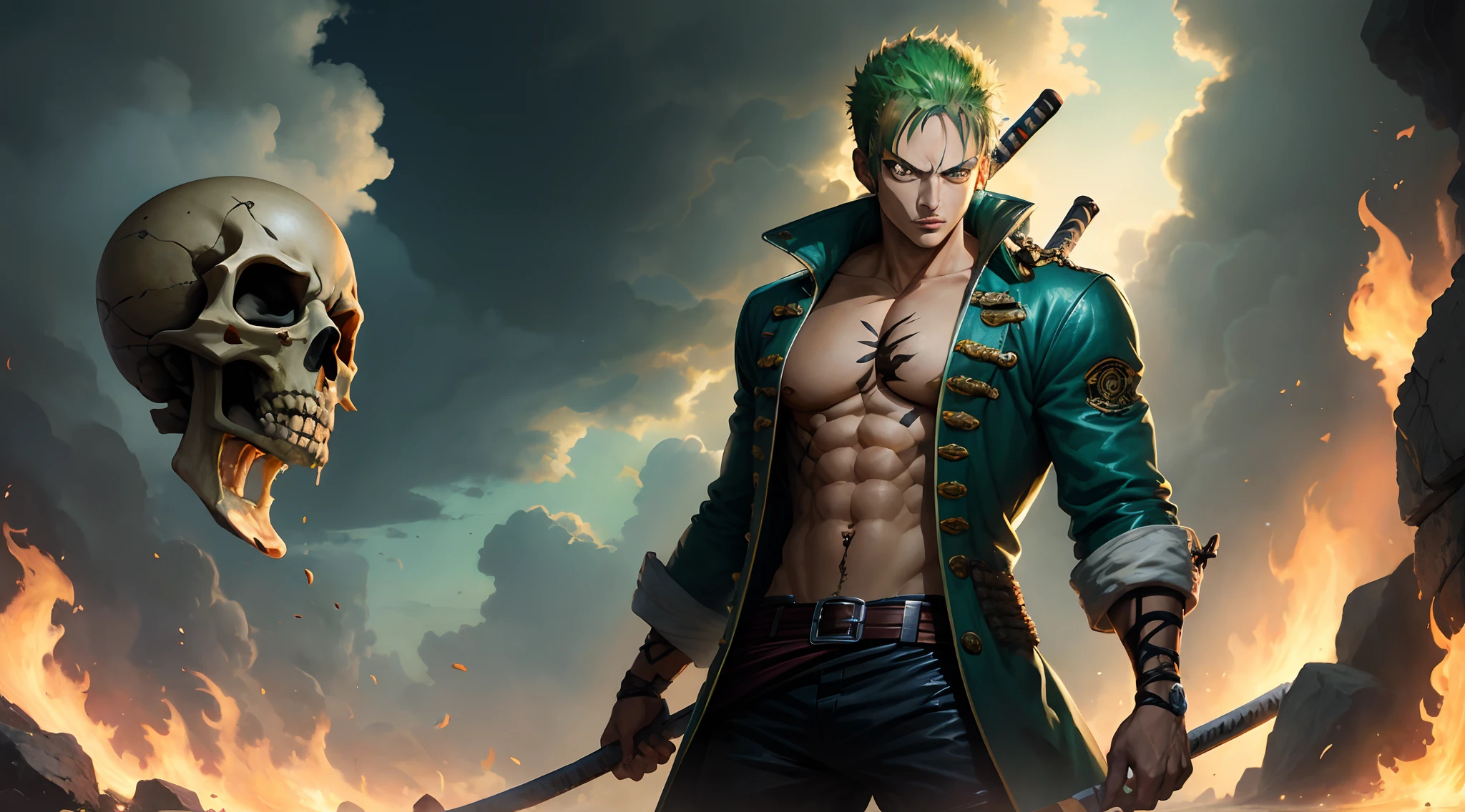 personagem de anime com cabelo verde segurando duas espadas e uma caveira, Roronoa Zoro, badass anime 8 k, one piece artstyle, Artgerm extremamente detalhado, anime epic artwork, Artgerm e Genzoman, iconic character splash art, from one piece, Artgerm Greg Rutkowski _ Greg, Artgerm em ArtStation Pixiv