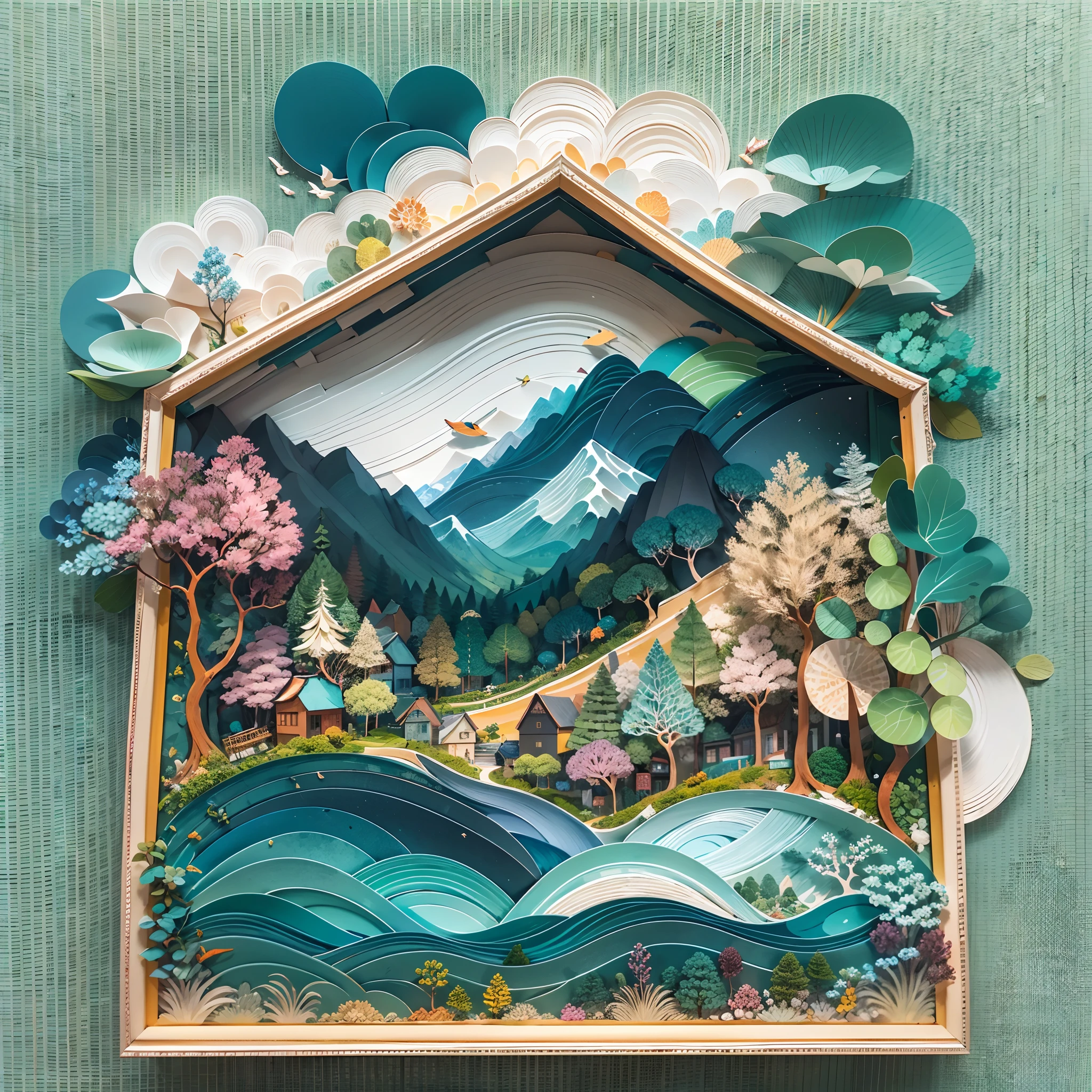 a beautiful painting,made of paper。picture frames。(with blue sky and white clouds,Green Mountains and Green Water,terraced),((arte em papel cortado,layered paper art,Layers on heaps,Flat paper cutout,Stacked,Hollow-out on,3Drenderingof)),Front view,frontage