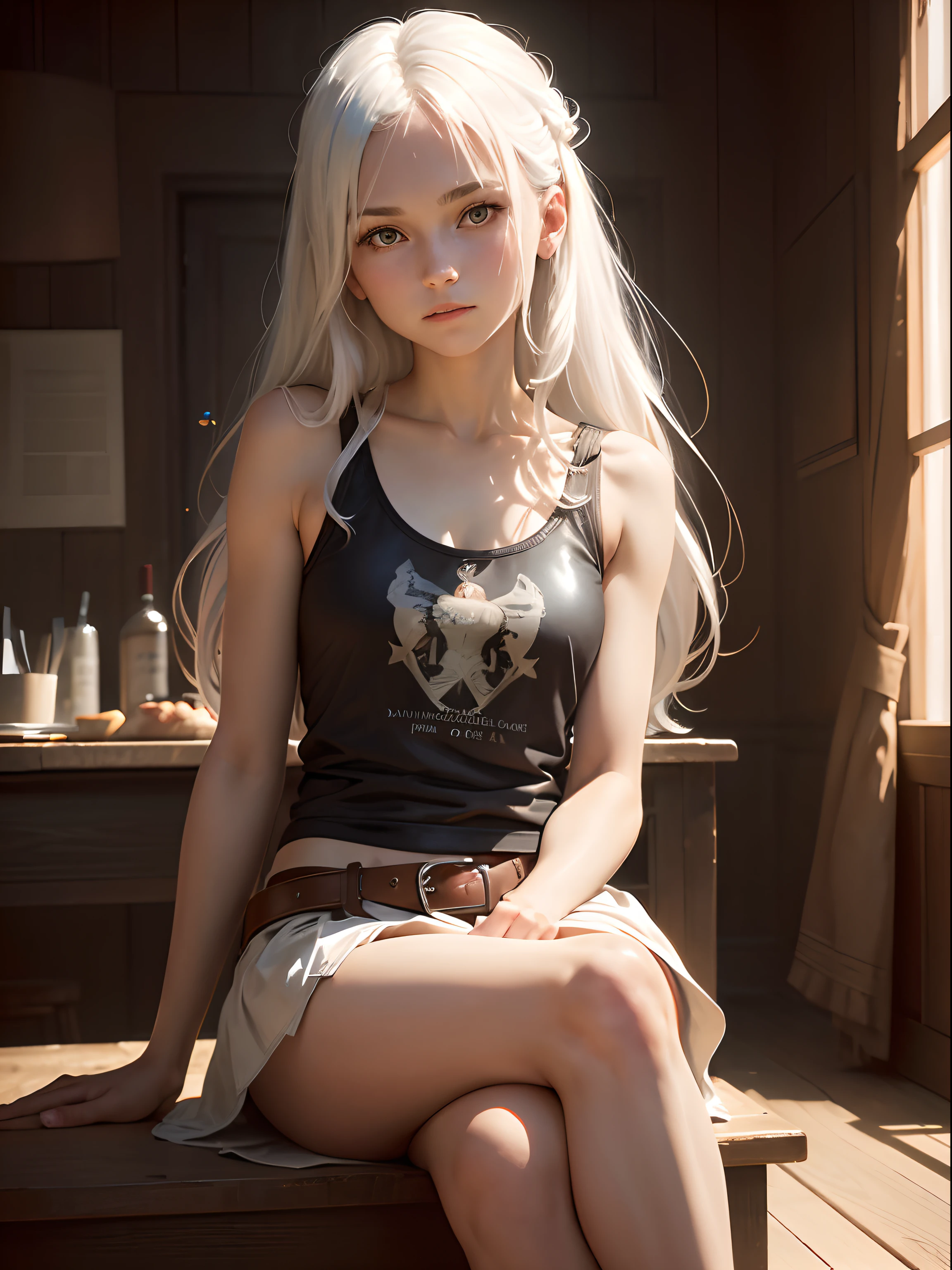 Ultrarealistic, photo, photorealistic, High quality, realistic style, full body, high definition, high quality, realistic, shaded, photorealism, Ray tracing, 8k, uhd, masterpiece, 1 short beautiful young girl, small breasts, small body, silver hair with pigtails, leather jacket open with a loose tank top,  a tiny skirt with the button open, a garter belt, happy face with tongue out,  in front of a medieval taverm, night time, candle light, nsfw