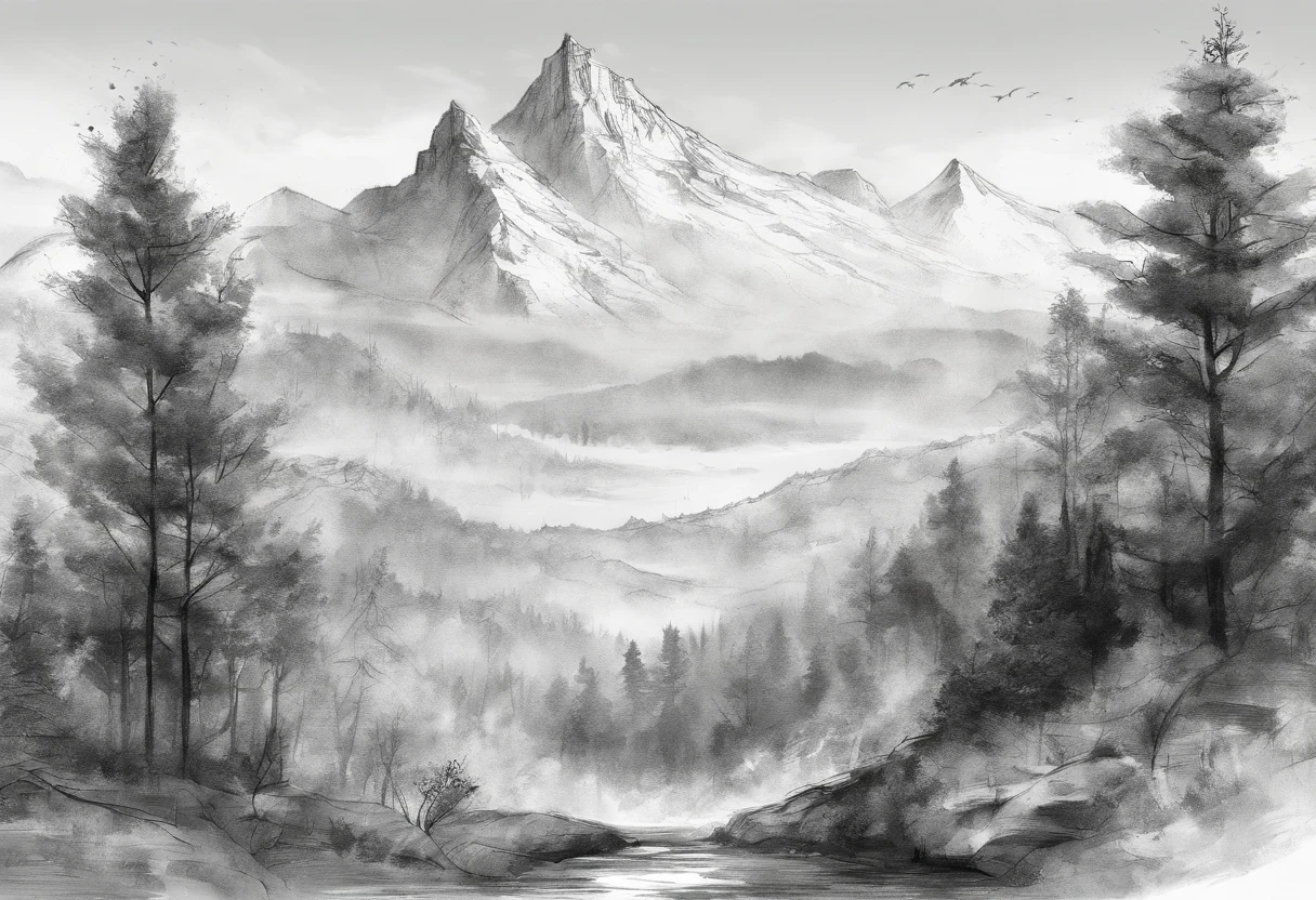 Mountain landscape, deciduous forests, charcoal sketch, very detailed and delicate