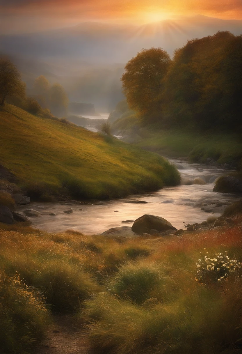Generate artwork in the style of J.M.W. Turner, the renowned English Romantic artist. Create a scene featuring dramatic landscapes, seascapes, or historical settings with an emphasis on capturing the play of light, color, and atmosphere. The artwork should evoke the grandeur and sublime beauty of nature and the emotional intensity characteristic of Turner's masterpieces."
