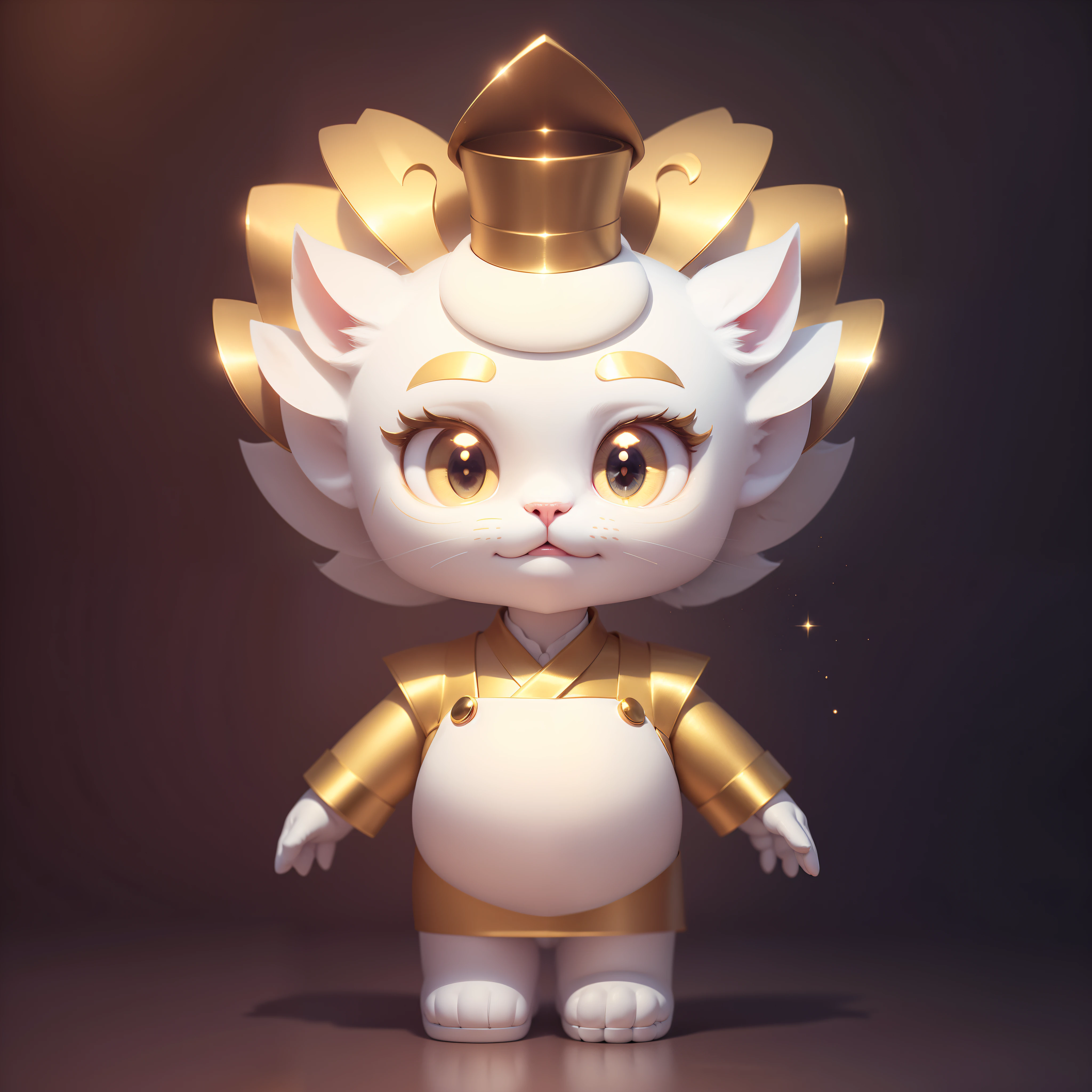 (Best quality at best),(tmasterpiece),A cute white cat,femele,Wear gold clothing and accessories ,full bodyesbian,cheerfulness,c4d,(solid color backdrop:1.3),OC renderer,(Bubble Mart:1.5)