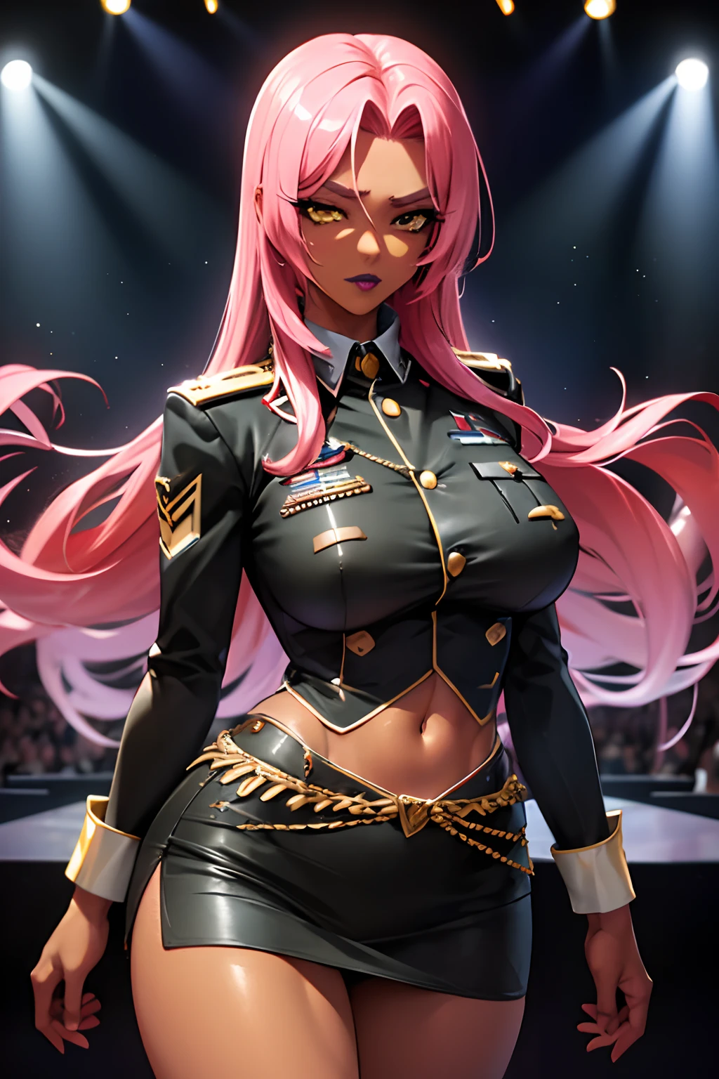 ingrid,large breasts,erected nipples,mature female, (dark-skinned female:1.2), dark skin, determined, pink red hair, Gorgeous wavy hair,Soft tendril hair, hair intakes, makeup, lipstick, (mole under mouth:0.8), eyelashes, yellow eyes,military uniforms, military academies, heroic,ultra miniskirt,(no panties:1.2), outdoors,strong wind, stage, (fashion show:1.1)，looking at viewer,(highres, high quality:1.1), intricate details, cinematic lighting, 1girl,(cool beauty),(metal collar),