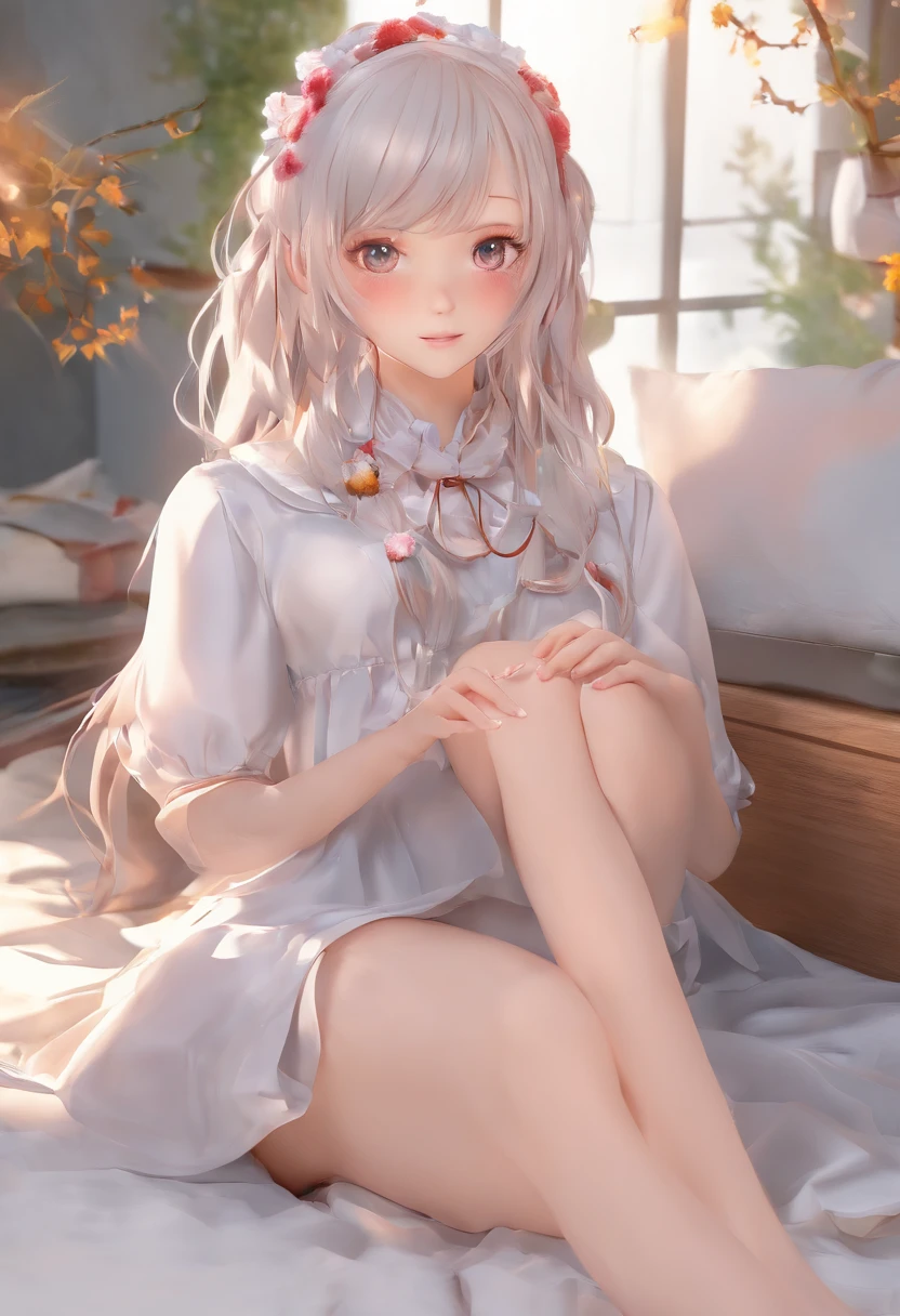 1girll,独奏,Full body from the front,The girl sits on the bed,Wear a short white skirt and a white shirt,Soft light shines on the blush,The barefoot,long leges , Long hair ,fox ear,coda、Girl with red eyes and white hair,Bigboobs。