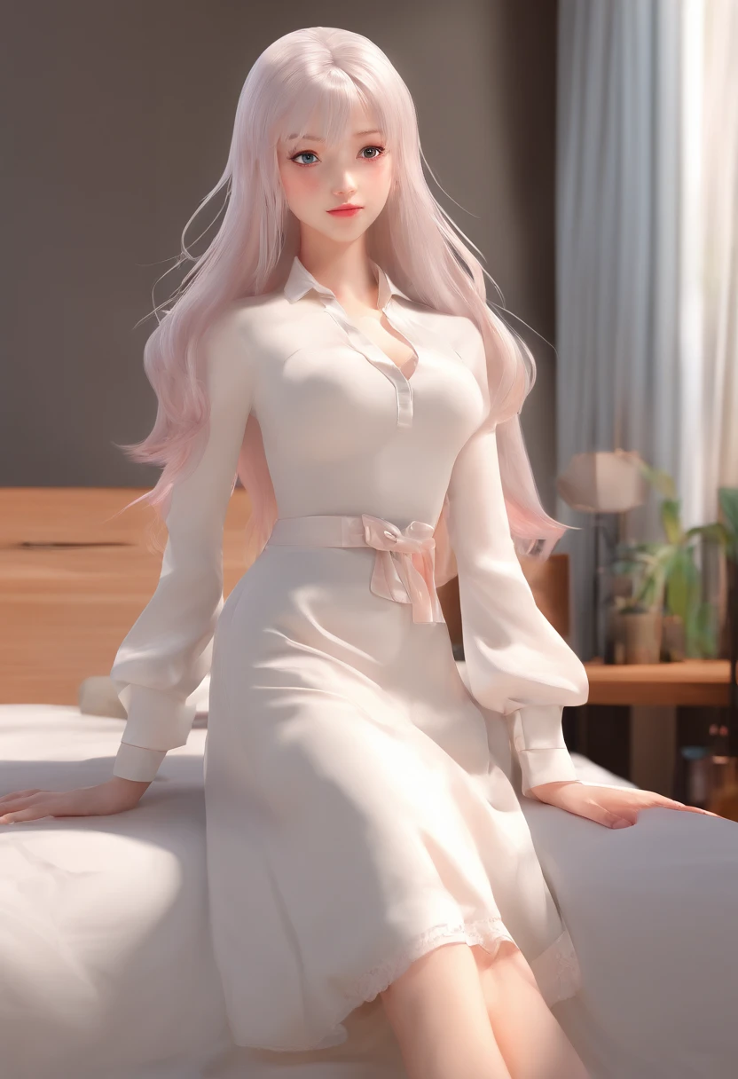 1girll，独奏，Full body from the front，The girl sits on the bed，Wear a short white skirt and a white shirt，Soft light shines on the blush，The barefoot，long leges , Long hair ,fox ear，coda、Girl with red eyes and white hair，Bigboobs。