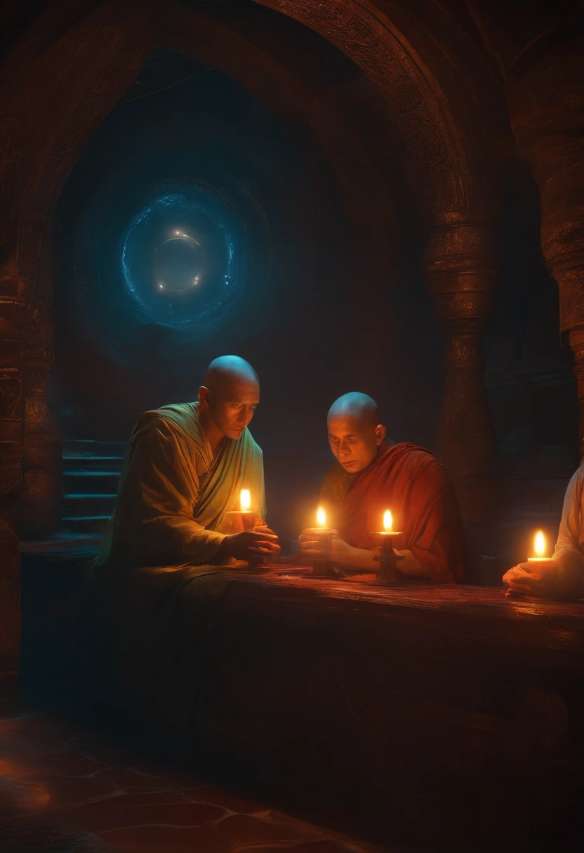 monks,glowing light eyes, biomechanical, eery, creepy, nightmarish, Very bright colors, light Particle, , Musif, Wallpaper Art, UHD Wallpapers