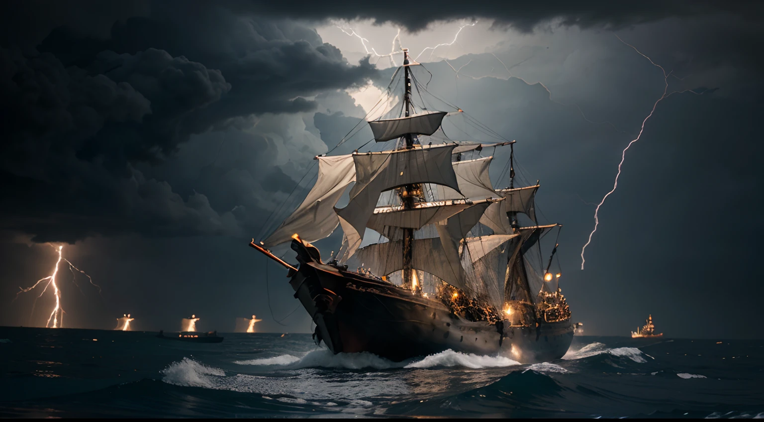 Viking fighting with jormungandr in sea , lightning,storm