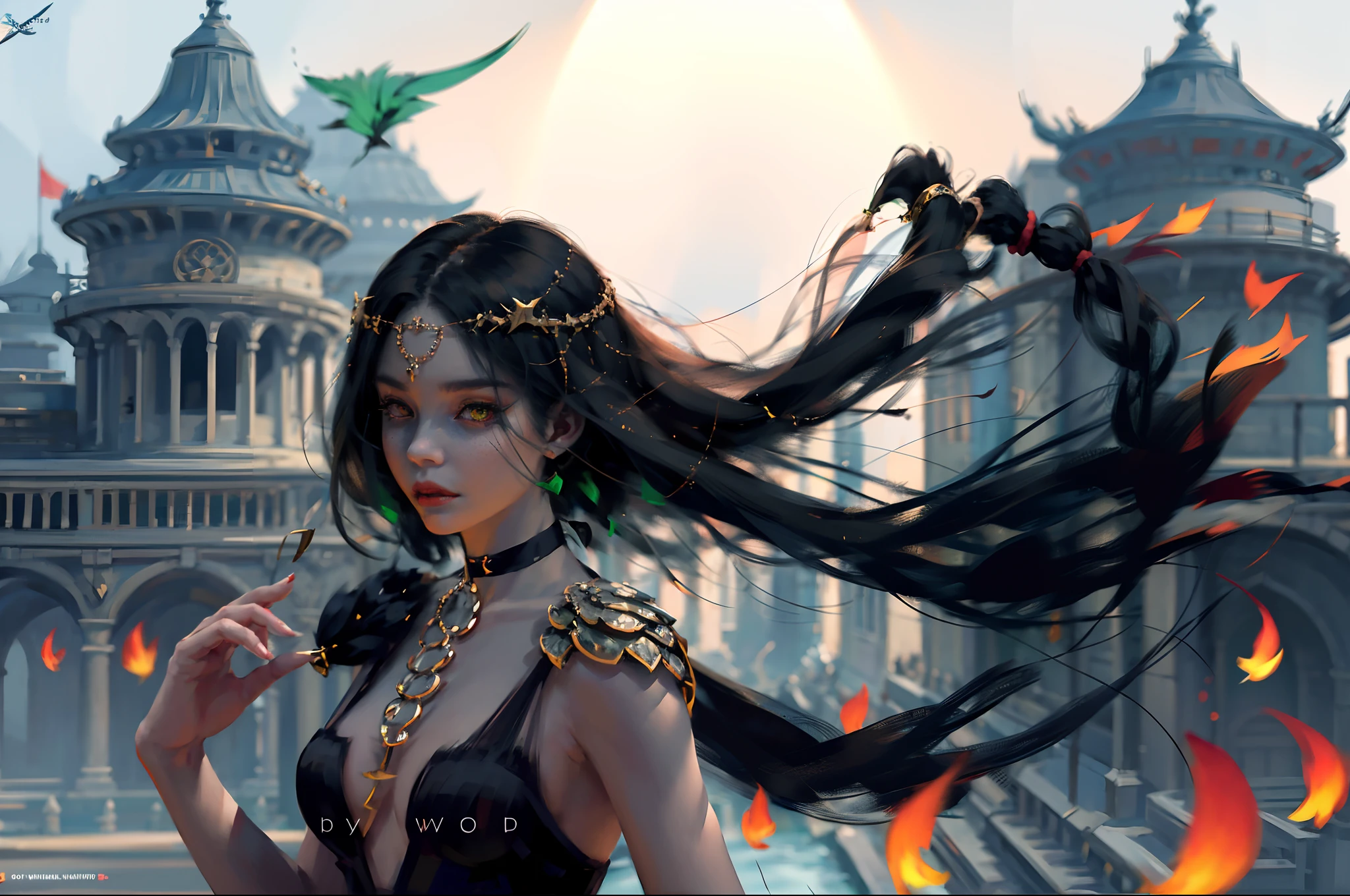 1girl, 独奏, Long hair, looking a viewer, black hair, Dress, Jewelry, Green eyes, upper-body, earings, parted lips, teeth, Choker, artist name, Hand Up, necklace, Black Dress, A bracelet, lips, Floating hair, watermark, circlet, the wind, gemstone, web address, freckles, circlet, red-lips, Head chain,
 Heterochromia, blurred background, foggy background, (rim light:1.2), (back light:1.2), crepuscular ray,