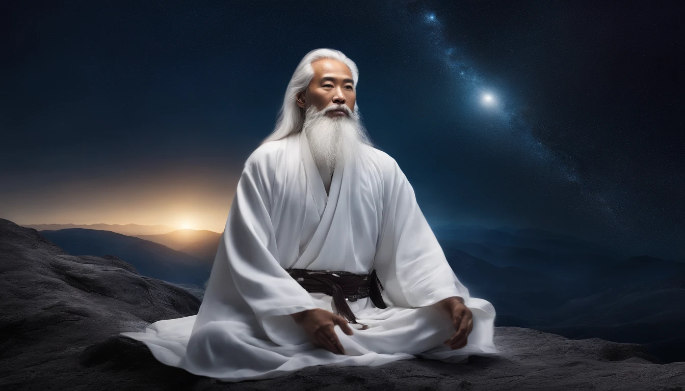 30 years old Asian middle-aged Taoist elder sitting in the galaxy close-up,long white hair,A meditative,Long white beard,Meditation cross-legged,Daoism, Wear a white robe,white sash,at centre,Face the lens,Vast blue starry sky background,milky ways,Taoist master,Taoist,universe background,Very bright colors, Light particles, with light glowing, Mshiv, wallpaper art, UHD wallpaper