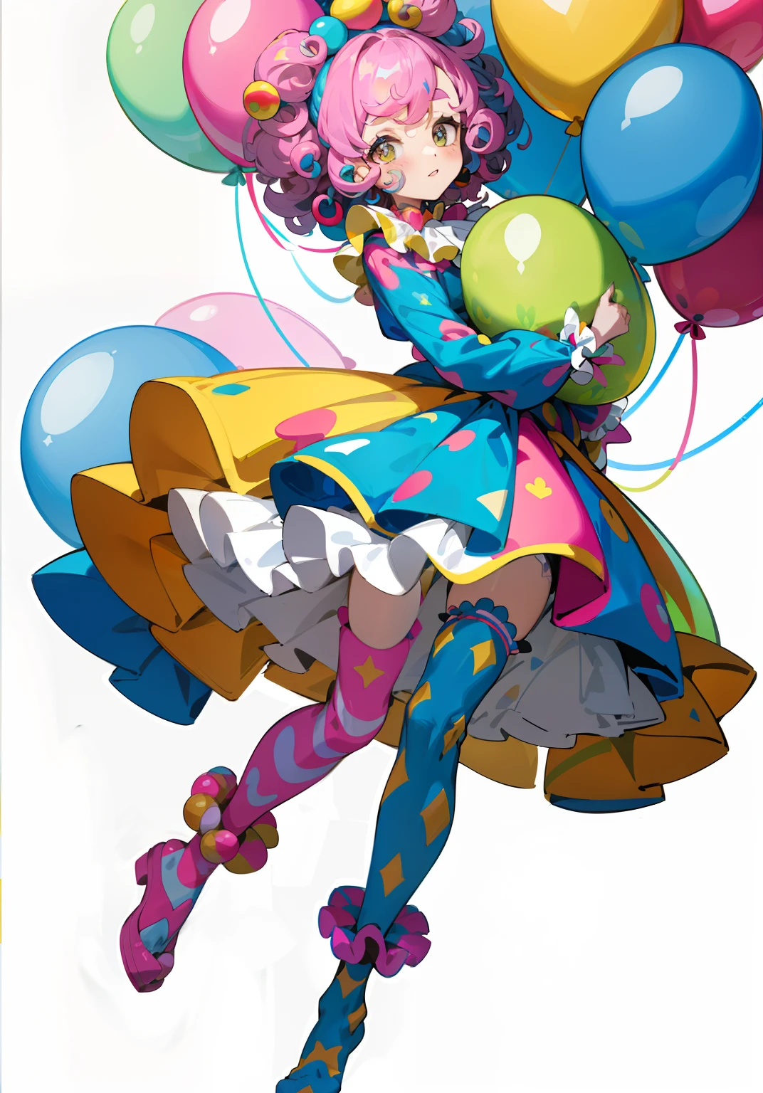 1GIRL, cute girl, finely detailed, (best quality), (intricate details), multicolored, clown girl, clown style, ((afro ringlet blue and pink curly hair)), best quality, ((short puffy long sleeve clown dress)), ((clothes are yellow, blue, white)) ((blue and white thigh high socks)), ((white ruff clown collar)), ((round eyes)), beautiful face, cute face, full body, pinup, perfect face, holding enormous oversized balloon, colorful balloon, simple background