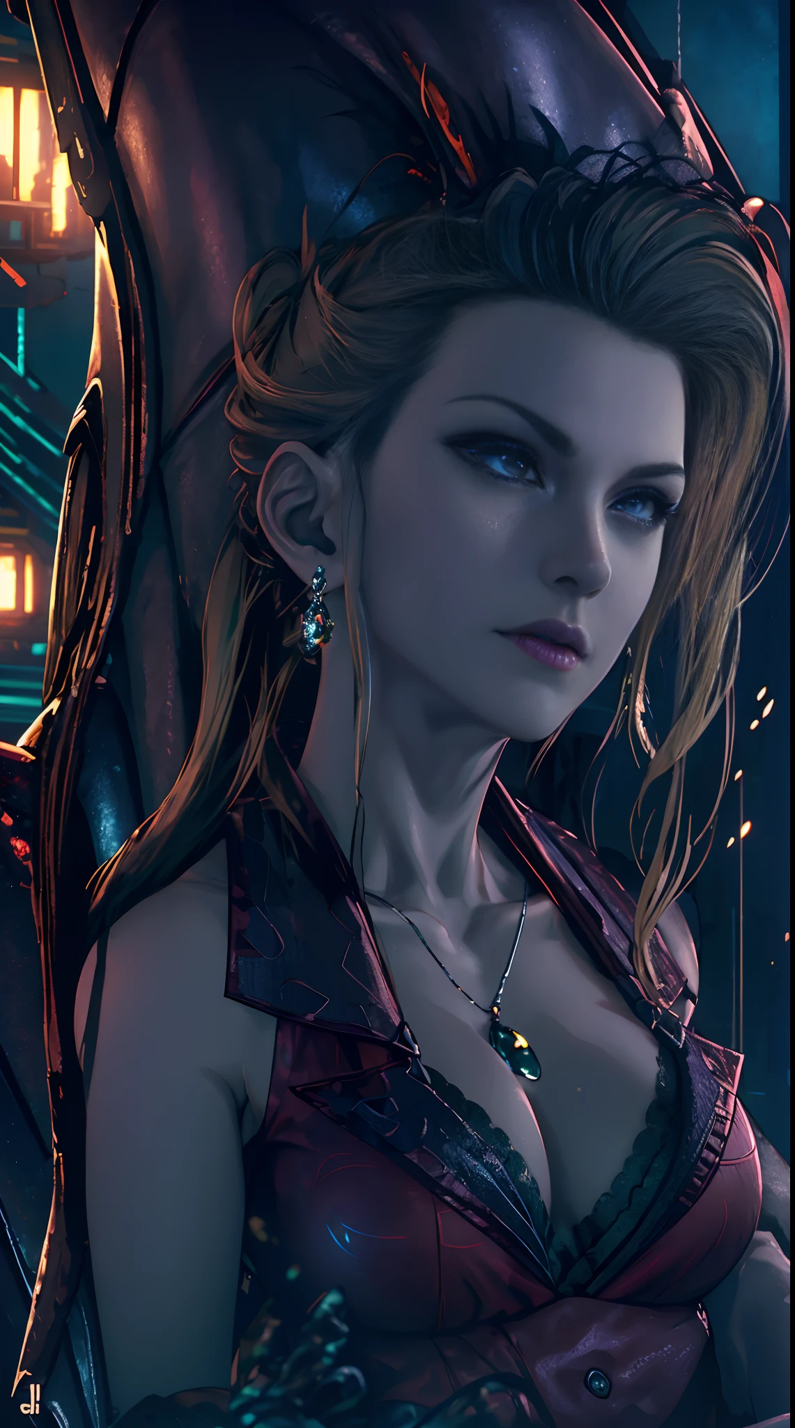 Scarlet,natural perfect breast,muscular body,sitting,in dark fantasy world,abandoned world,(best quality,4k,8k,highres,masterpiece:1.2),ultra-detailed,(realistic,photorealistic,photo-realistic:1.37),oil painting,glowing eyes,flowing hair,mysterious atmosphere,stormy sky,moonlit night,ancient ruins,majestic throne,smoke effects,dramatic lighting,ominous shadows,detailed armor,exquisite katana,energy sparks,floating cherry blossoms,dystopian landscape,symbolic artifacts,sacred symbols,intricate clothing,regal presence,illuminated symbols,descending rain,creeping darkness,ethereal glow,cracked ground,thunderous aura,haunting beauty,commanding posture,strategic gaze,legendary powers,vibrant colors,dimly lit candles,otherworldly charm.