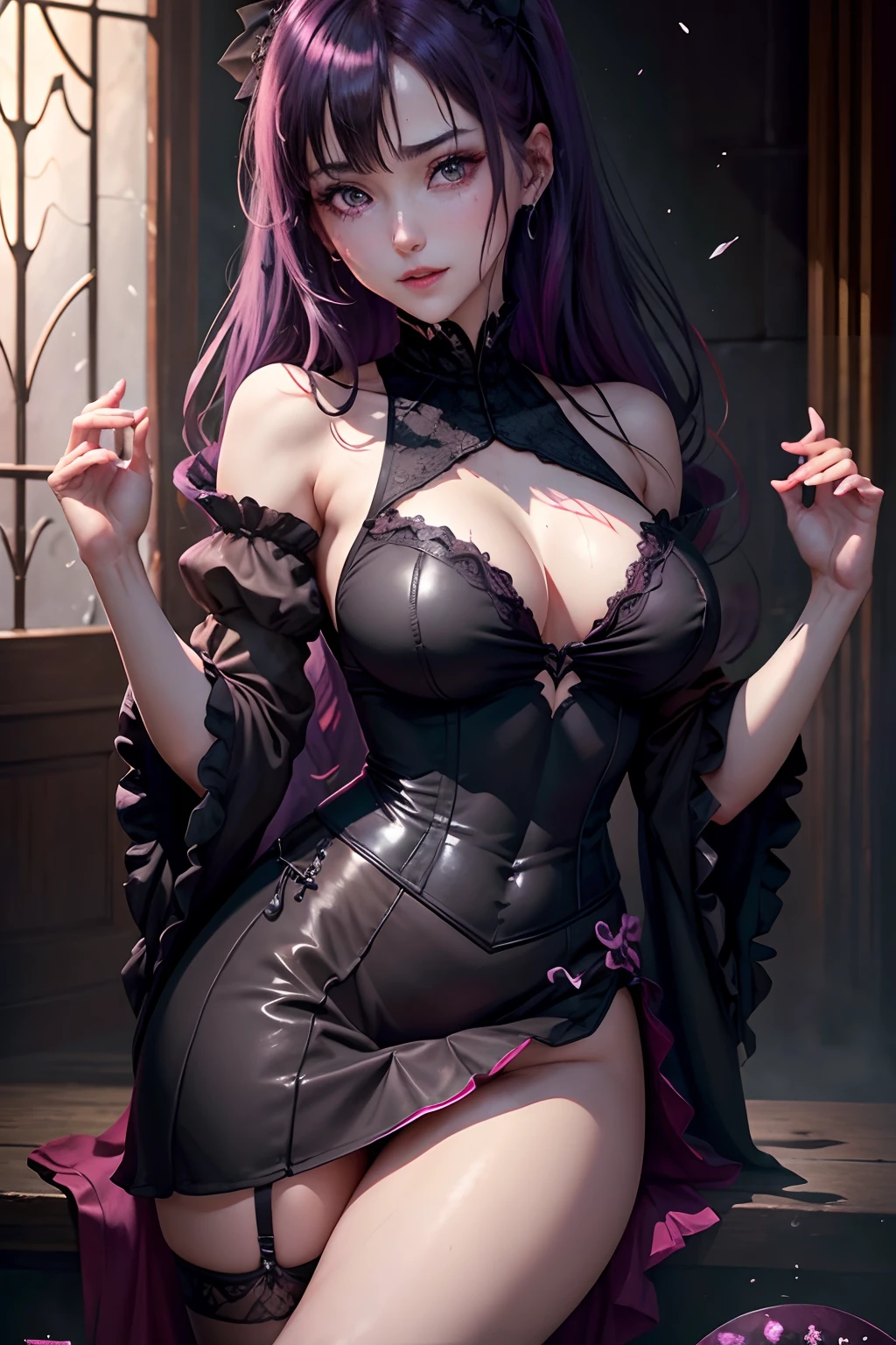 Fornication、Hard Dark Gothic Makeup、Maniacal、Deep night sky、horor、Black Dark Eyeshadow、slaves、crying how bright、mourn、Sad songs、Good skin luster、Lace pink、Long hair straight hair、Dark Gothic Makeup、Dark smile、Restless Palace、Expressions of sexual arousal、Fragrant beauty、age19、carriage、Lying、seductiv、Strong sexual pleasure facial expressions、A look of shame、Dark Gothic、Gothic Long Dress、Gothic ta、masturbation、bell sleeves、Wizard Sleeve、Obscene look、Stained glass background、masutepiece、Best Quality、Ultra-detailed、Refers to 5 books、Sweat glitters on my chest、Glitter of sweat on your face、Expression of sexual pleasure in anguish、Drunken face、maid clothes、Nasty Woman、Mysterious、noble、Face holding back the toilet、Goth lolithes、Black pretend skirt、the body is wet and shiny、Transcendent sex appeal、sexy  pose、Nasty poses、Face of fiery body、sloppily open your legs、Sweating profusely、Glitter on the thighs、I'm sweating a lot、a little slender、Breast Size Medium、cross one's legs、Affectionate smile、twin-tail hair、Bright purple hair、A little glamour、