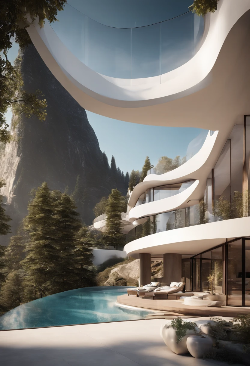 A futuristic technological house, 3-storey building, facing the mountains, lake view, large swimming pool, modern architectural style, super detailed photo, building, complex , shadow, HighDynamicRange, dinamic light, Fotorrealista, light natural softness, low H, masterpiece, 8k detail. Lots of details, Large floor to ceiling glass, Combination of technology and natural environment, Looks super cool,